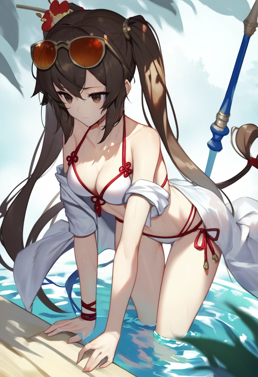 score_9, score_8_up, score_7_up, score_6_up, <lora:DPOXL:1> <lora:scottieXL_JS2_lokr_V1225:1> 1girl, hair ornament, swimsuit, long hair, twintails, bikini, breasts, brown hair, very long hair, yu mei-ren \(fate\), white bikini, sunglasses, eyewear on head, weapon, collarbone, navel, medium breasts, polearm, bare shoulders, cleavage, wading, water, open clothes, jewelry, brown eyes, bangs, solo, closed mouth, robe, spear, holding, thighs, wrist wrap, leaning forward, holding weapon