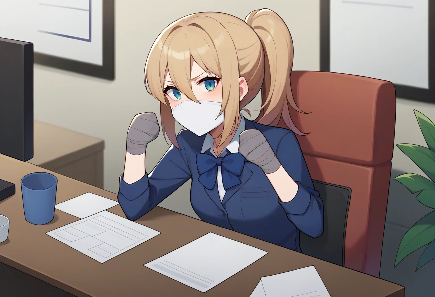 score_9,score_8_up,score_7_up,score_6_up,score_5_up,score_4_up, BREAK
1girl, office lady, collared shirt, medium breasts, bowtie, ponytail, hair between eyes,
indoors, office, chair, table, sitting, on chair, solo, upper body, clenched hands, arms on table,
tapedhand, taped hands, taped fingers, over the nose gag, gagged, looking at viewer,
<lora:tapedhandsponyxl-07:1> <lora:otngagponyxl:1>