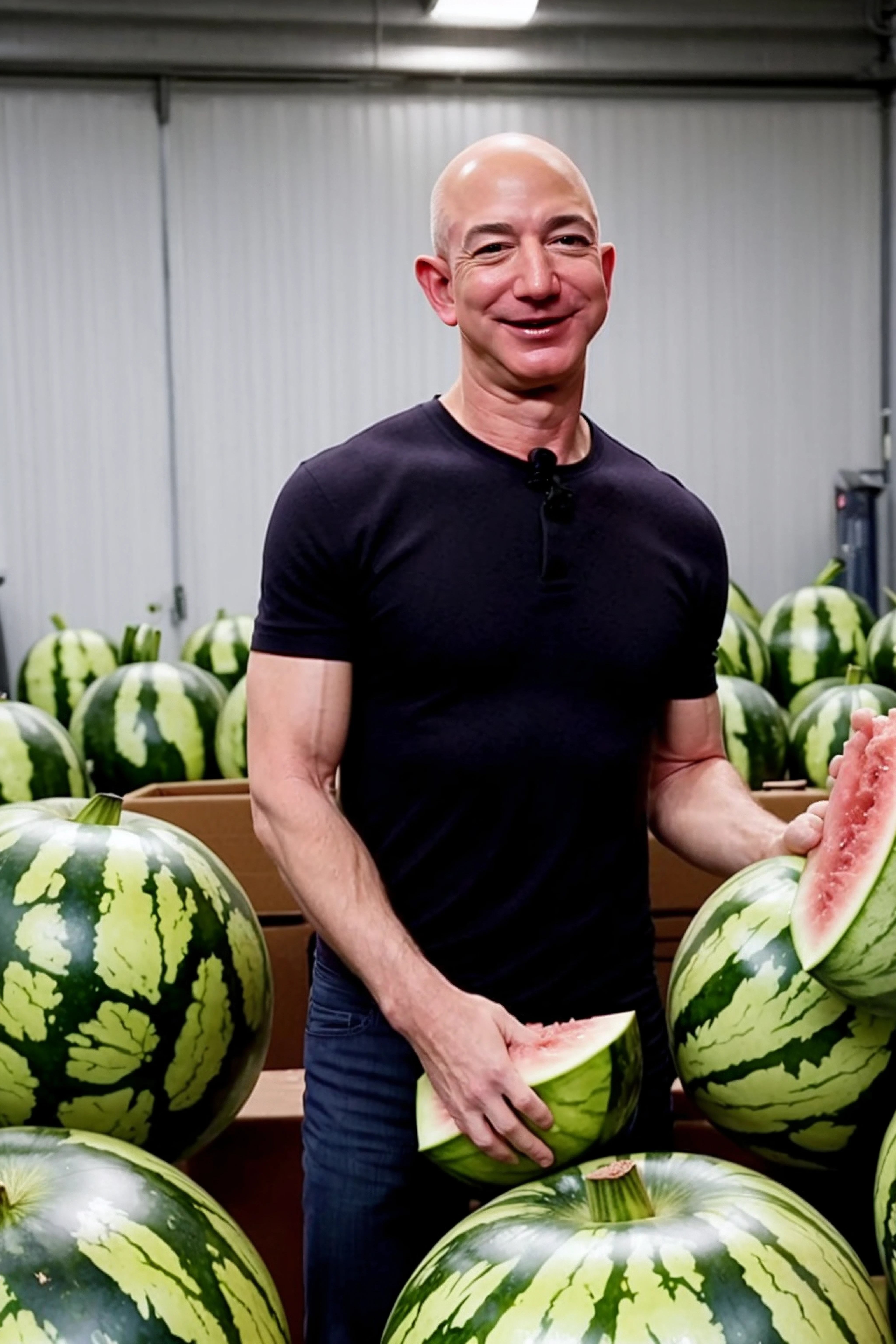 jeff bezos, laughing, petting a watermelon
