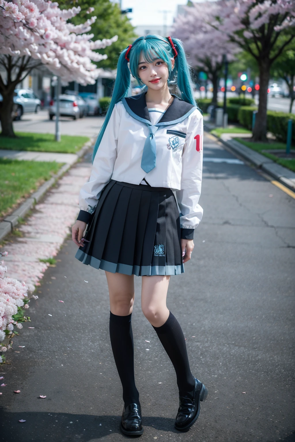 best quality, masterpiece, realistic, photorealistic, 1girl, solo, looking at viewer, smile, standing, full body, floating hair, cosplay, aqua hair, twintails, hair ornament, very long hair, headphones, alternate costume, school uniform, sailor collar, serafuku, shirt, long sleeves, necktie, skirt, pleated skirt, kneehighs, loafers, street, cherry blossoms, <lora:miku_cosplay_schoolUniform_v1:0.65>