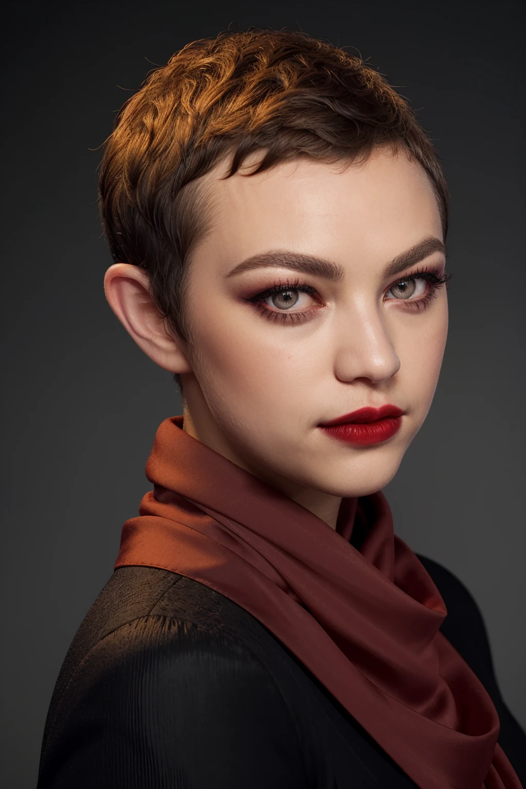 elvyyost, woman, close-up portrait, highly detailed, black suit, short hair, buzzcut, makeup, red lips, scarf, eyeshadows, shallow depth of field, bokeh, lights in the background
 <lora:ElvyYostSD_v1a:1>