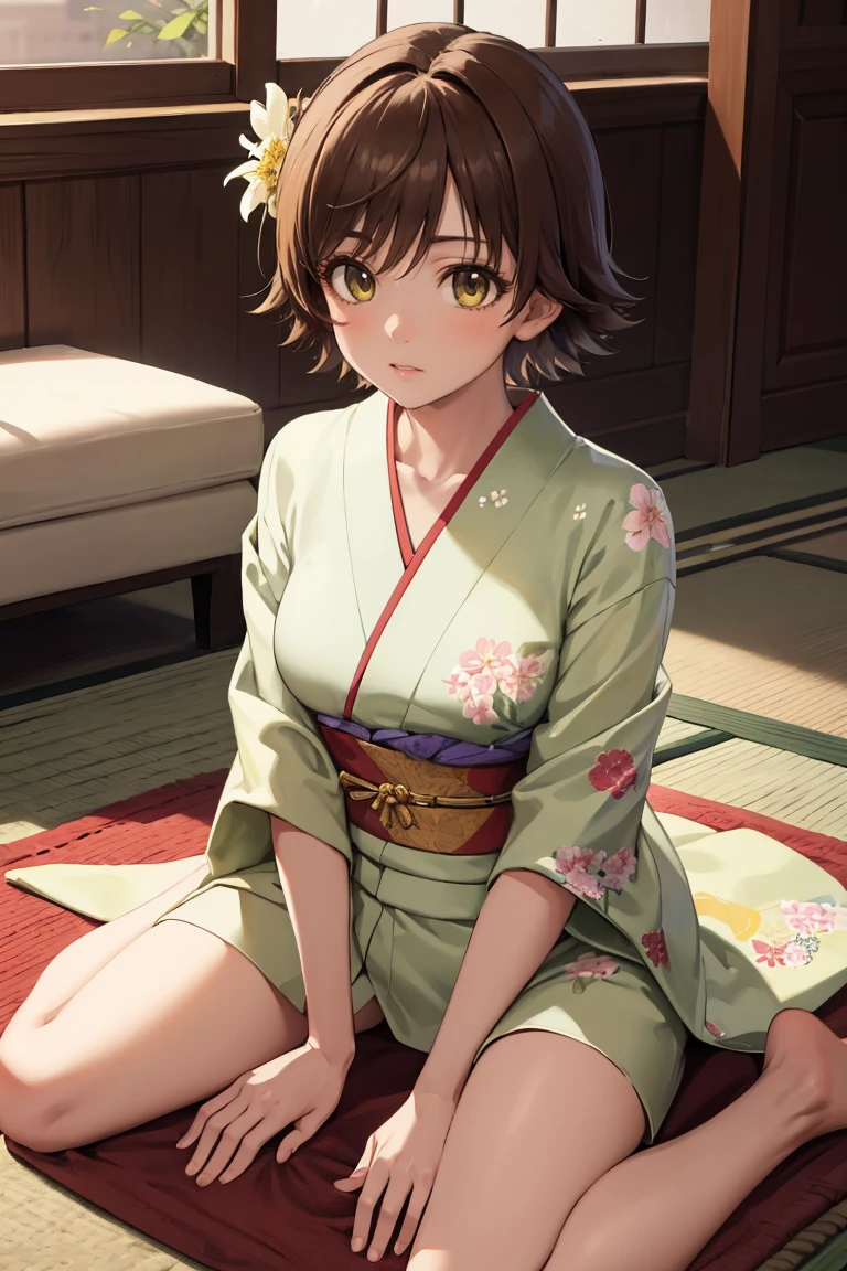 masterpiece, best quality, absurdres, 1girl, solo, HondaMio, short hair, indoors, kimono, hair flower, floral print, wariza, sitting, <lora:HondaMio:1>