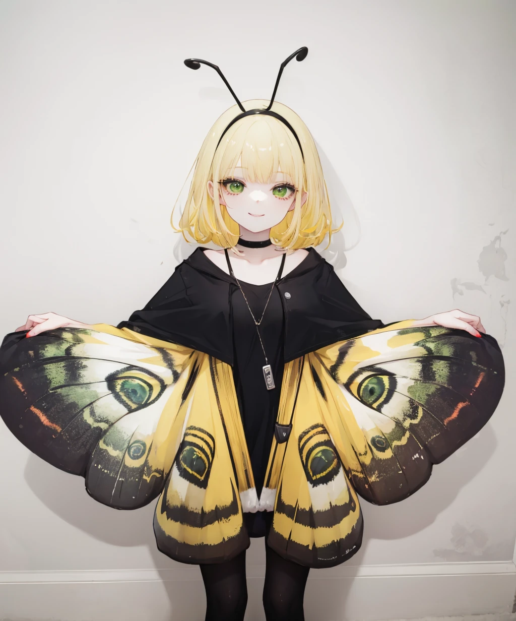 moth,1girl,yellow hair,green eyes,smile,bug,solo,<lora:moth_costume-10:1>,