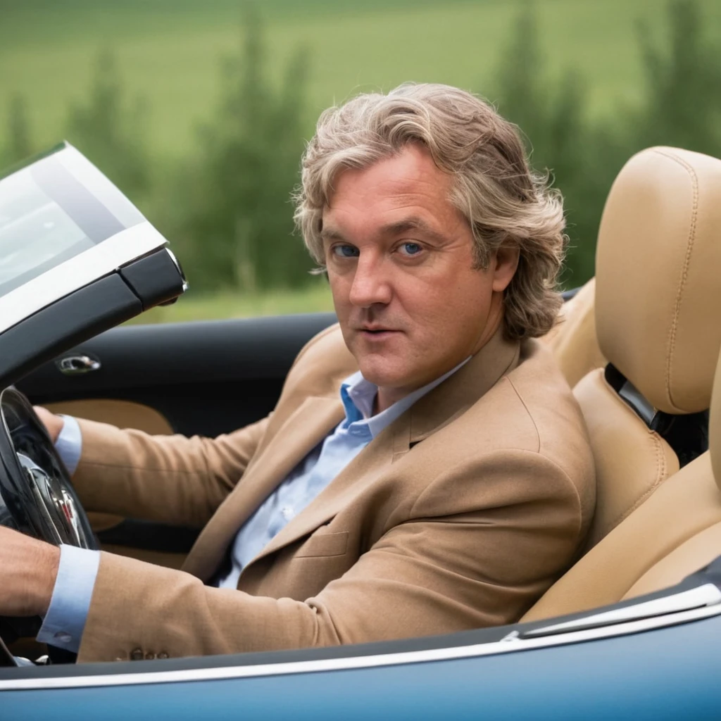 full body, jamesmay, solo, blue eyes, blonde hair, 1boy, male focus, driving a super car