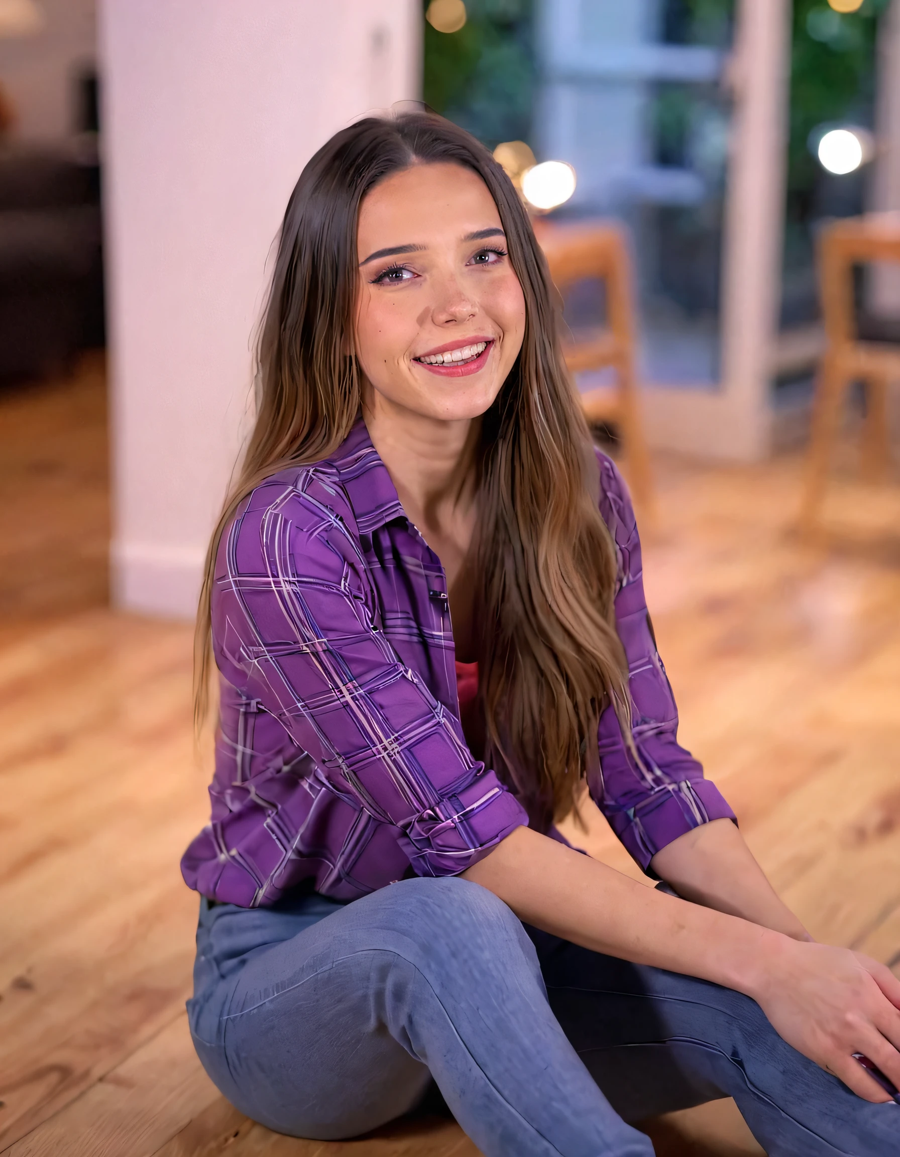 full body,photo of a woman,sitting,happy,shirt,pants,ray tracing,detail shadow,shot on Fujifilm X-T4,85mm f1.2,sharp focus,depth of field,blurry background,bokeh,motion blur. Lydiaviolet, dressed in a vibrant shirt and stylish pants, sits on the wooden floor, radiating happiness with her long hair cascading over her shoulders as she focuses intently on the photo of herself captured by the Fujifilm X-T4; this image, shot with an 85mm f1.2 lens, captures every detail shadow and the subtle ray tracing effects within the frame, with its depth of field emphasizing Lydiaviolet's full body as it contrasts against the blurry background; her sharp focus is broken by a motion blurred bokeh in the foreground that accentuates this moment. lydiaviolet <lora:hnsvxk18dfff1aa4fi1b9:1>