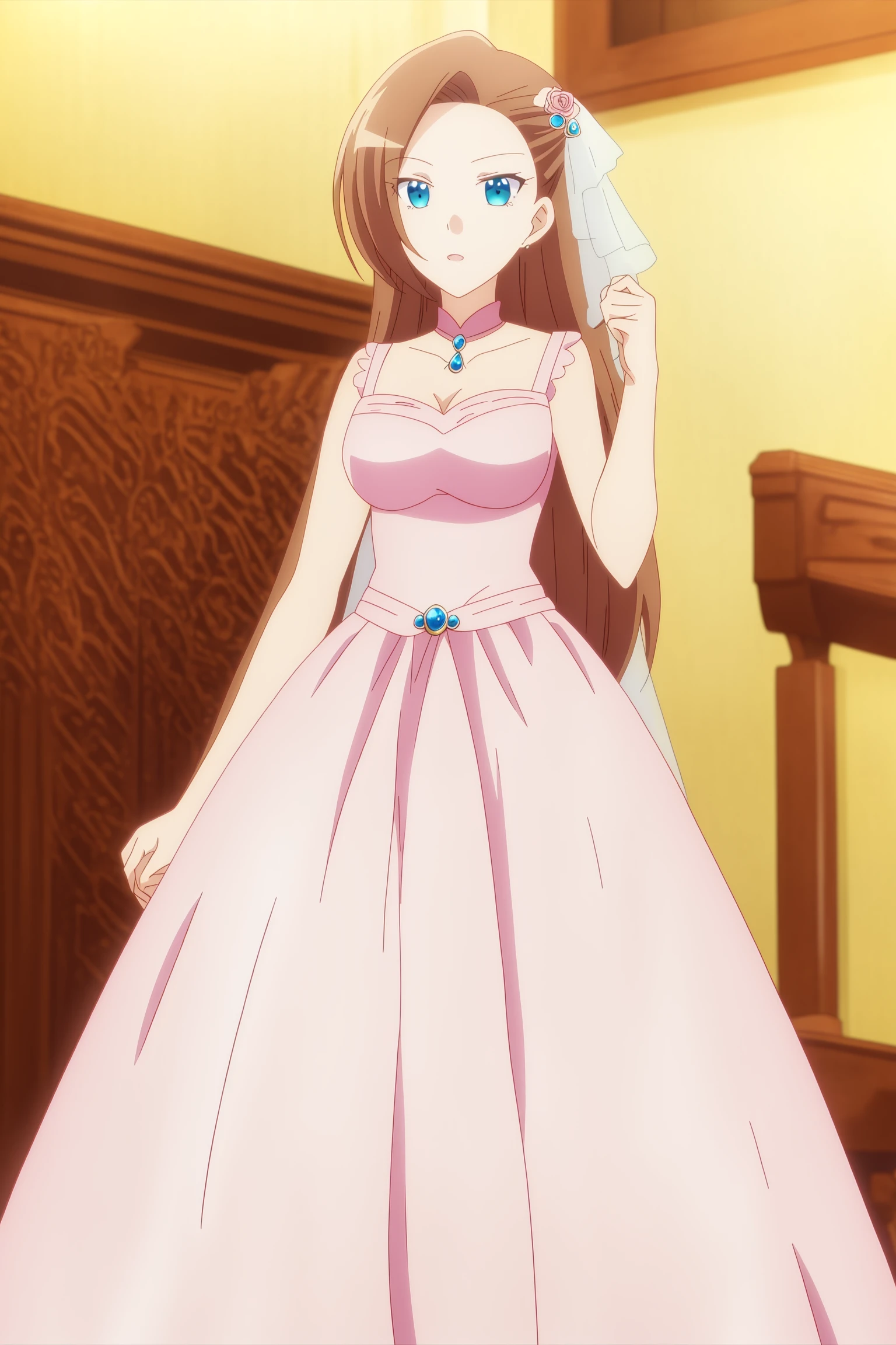 sysdeep_katarina, 1girl, solo, long_hair, bangs, blue_eyes, brown_hair, asymmetrical_bangs, white_dress, wedding_dress, anime_coloring