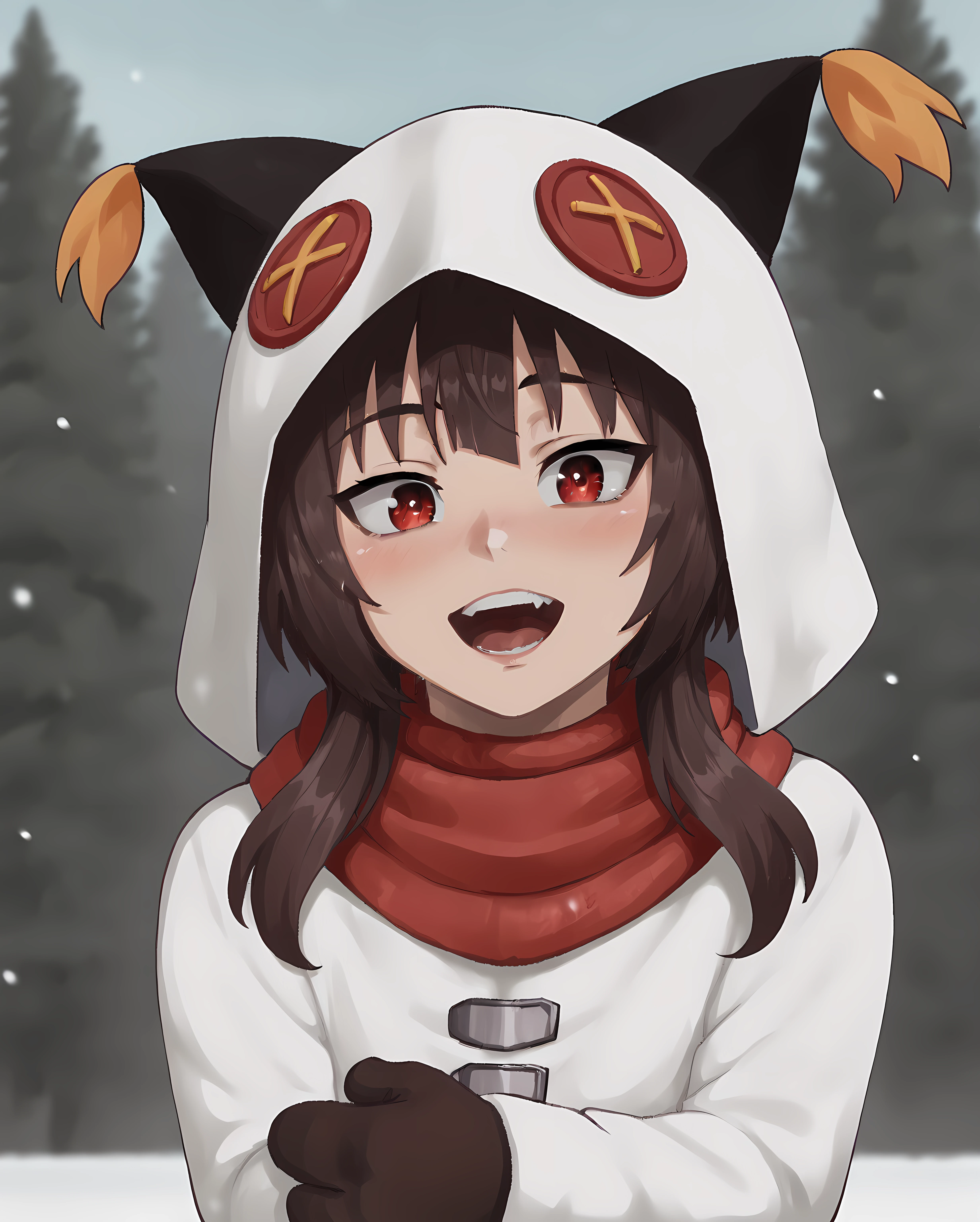 score_8_up, score_7_up, score_6_up, score_5_up, score_4_up, anime screencap,
<lora:Megumin Winter (SDXL):0.7> 1girl, solo, megumin, white parka, short hair, brown hair, red eyes, (black bodysuit:0.8), red scarf, white hood, brown mittens,
<lora:Nyantcha (Autism Mix XL):1> nyantcha,
forest, snow, upper body, looking at viewer,