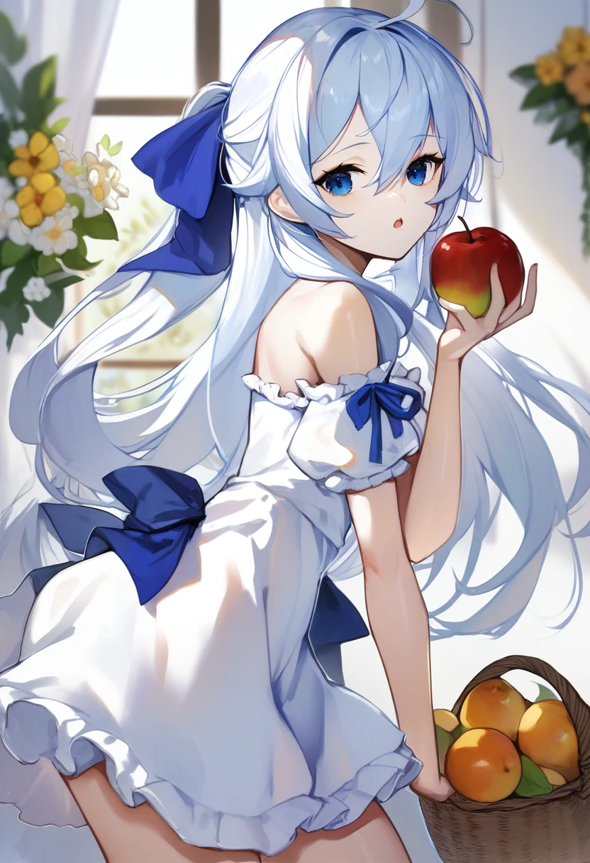 score_9, score_8_up, score_7_up, score_6_up, <lora:DPOXL:1> <lora:scottieXL_JS2_lokr_V1225:1> 1girl, food, solo, long hair, blue eyes, fruit, dress, holding, apple, looking at viewer, flower, holding food, hair ribbon, ribbon, window, white hair, bangs, basket, ahoge, blue ribbon, white dress, indoors, holding fruit, bare shoulders, leaning forward, standing, short sleeves, hair between eyes, off-shoulder dress, parted lips, frills, arm support, very long hair, open mouth, off shoulder, from side, cowboy shot