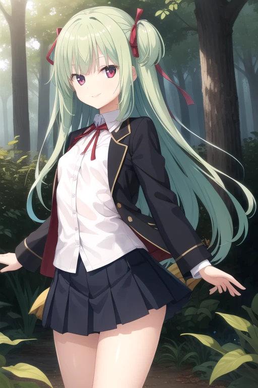 ((masterpiece)),(best quality),official art,extremely detailed CG,unity 8k wallpaper,ultra detailed,beautiful detailed eyes,extremely detailed face,forest,nature,1girl,solo,cowboy shot,looking at viewer,facing viewer,(petite:1.3),smile,standing,Murasame,very long hair,green hair,two side up,blue bow,hair bow,sidelocks,blunt bangs,red eyes,neck ribbon,red ribbon,blue jacket,wing collar,open jacket,white shirt,long sleeves,button,small breasts,blue skirt,pleated skirt,frilled skirt,black socks,white footwear,<lora:Murasame(sb):0.8>,