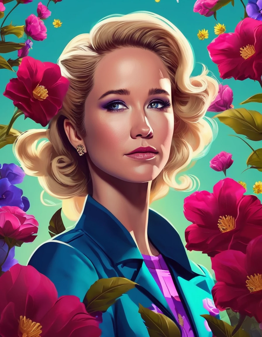 cinematic photo cartoon version of (((anncmptru woman))) , cartoon character artstation digital painting portrait design by mark brooks and brad kunkle detailed face highly stylized realistic cinematic lighting dramatic shadows fine detail 4k 8K sharp focus high resolution octane render photorealism trending on ArtStation GTA cover page with textured flowers in background beautiful colors blue black red pink green purple violet teal g white yellow color scheme bright vivid contrast fantasy style beepley artwork . 35mm photograph, film, bokeh, professional, 4k, highly detailed<lora:Anna Camp-000007:1.0>