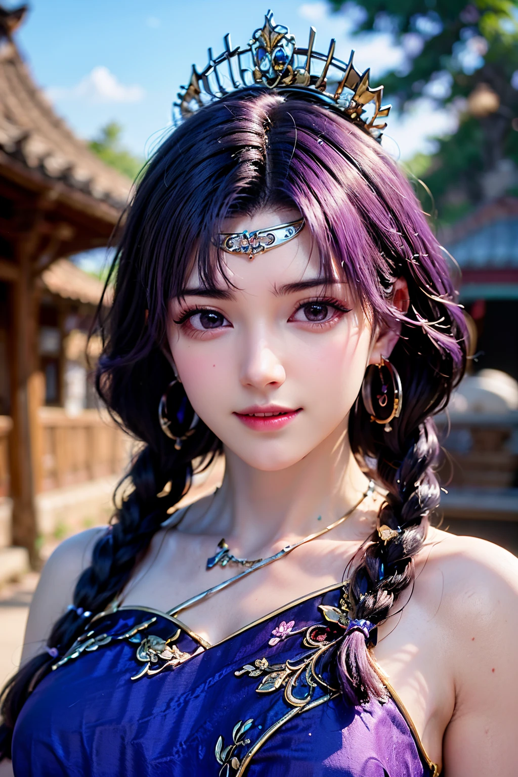 (small_breasts:1.1),<lora:zixuan-10:0.8>,(face lighting:0.8),bright backlight,super high resolution,best quality,Photos,4k,(Realistic:1.2),zixuan,ziseyifu,1girl,purple hair,braid,twin braids,solo,earrings,jewelry,looking at viewer,large breasts,blurry background,bare shoulders,blurry,outdoors,sash,purple eyes,closed mouth,