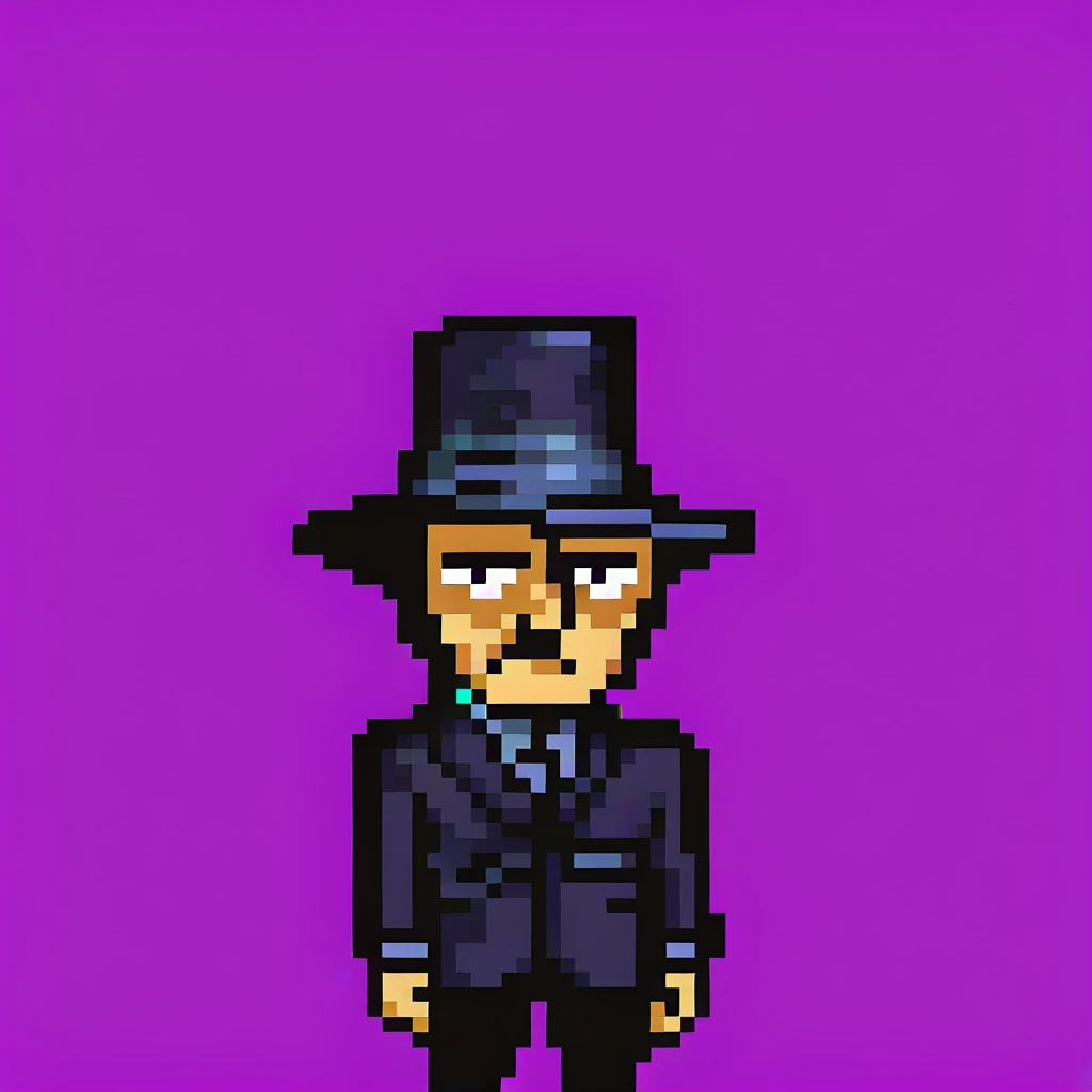 portrait of an American boy, pixel, cigarette in mouth, mafia. wearing a black hat, white background