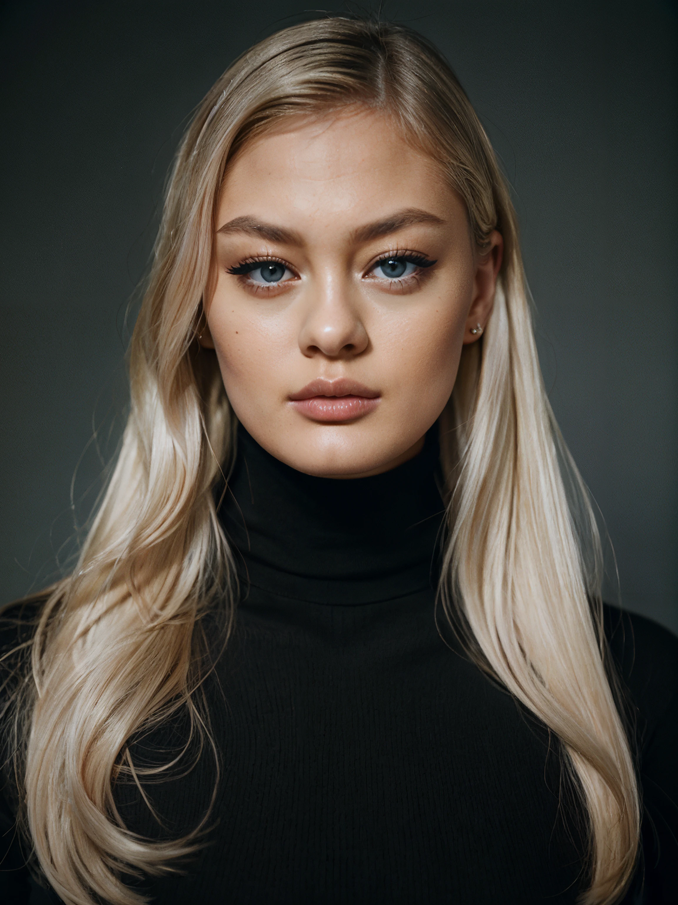 epic35mm, photo of beautiful (block_ambmoo-135:0.99), a beautiful woman, long perfect blonde hair, (closeup headshot), (wearing a black turtleneck jumper:1.2), (simple background), 70mm, (analog, cinematic, film grain:1.3), ((detailed eyes)), (color picture:1.1), Fujifilm XT3, <lora:epiC35mm:1>