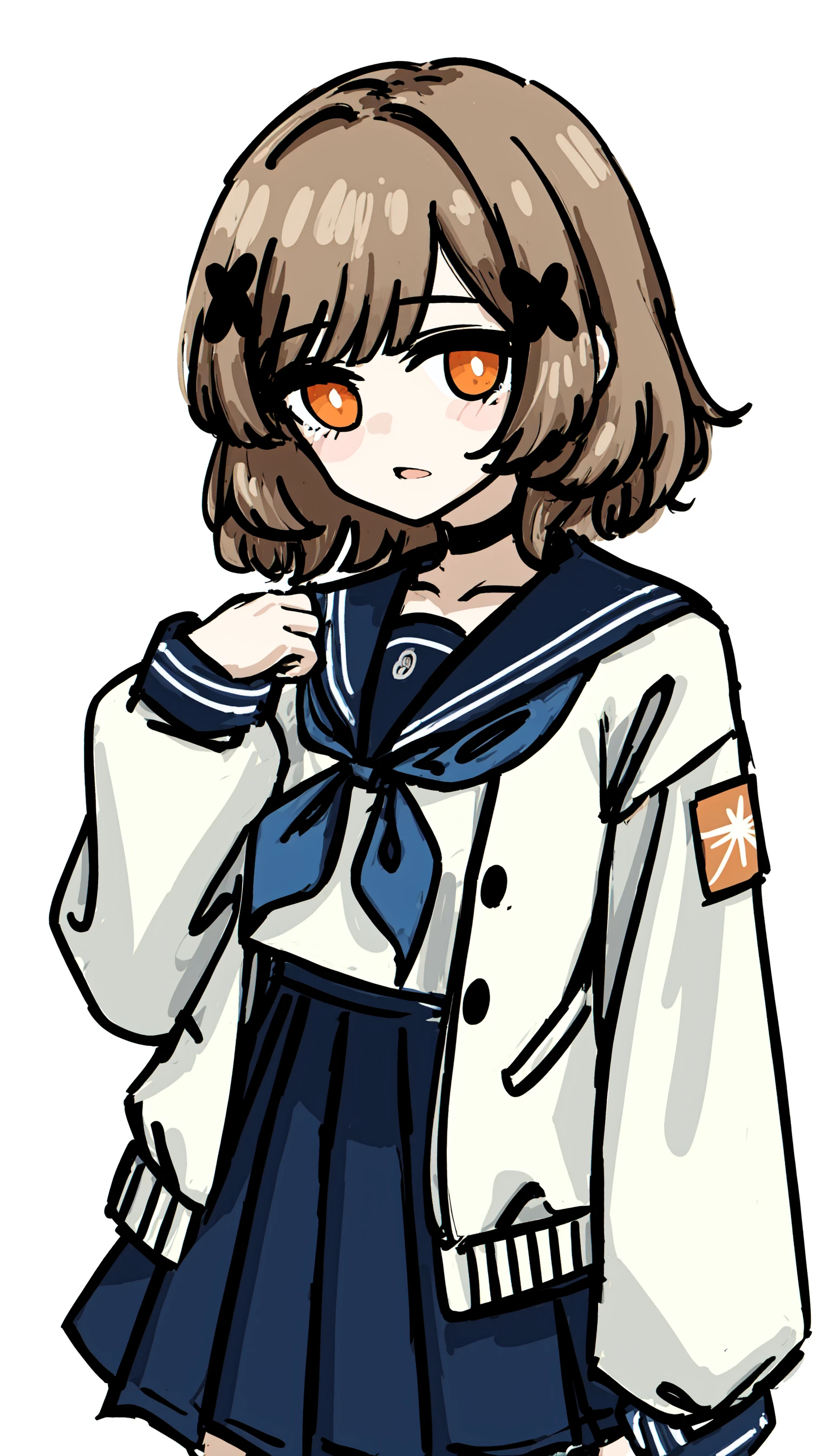 solo, 1girl, sleeves past wrists, school uniform, sleeves past fingers, skirt, simple background, bangs, hair ornament, serafuku, white background, short hair, parted lips, pleated skirt, long sleeves, muted color, neckerchief, brown hair, sailor collar, black skirt, blunt bangs, cowboy shot, orange eyes, black sailor collar, looking at viewer