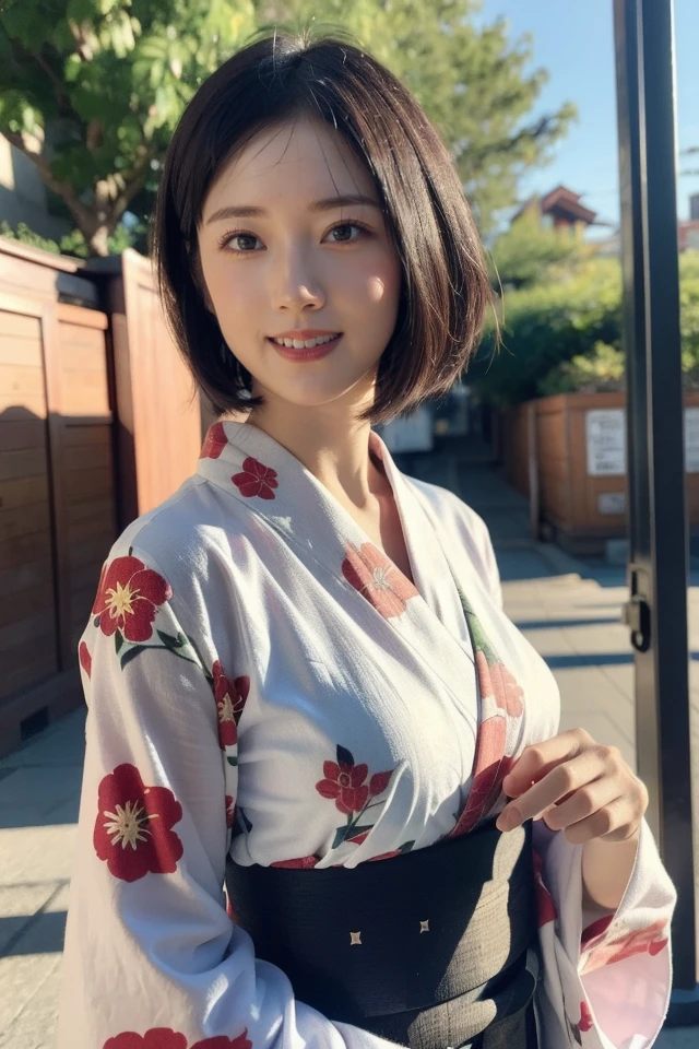 1girl,japanese clothes,kimono,solo,brown hair,looking at viewer,blurry,outdoors,yukata,smile,open mouth,obi,sash,floral print,short hair,blurry background,day,tree,realistic,bangs,
best quality,masterpiece,illustration,an extremely delicate and beautiful,CG,unity,8k wallpaper,Amazing,finely detail,masterpiece,official art,extremely detailed CG unity 8k wallpaper,incredibly absurdres,huge filesize,ultra-detailed,highres,extremely detailed,beautiful detailed girl,realistic,outdoors,light contrast,<lora:Kokoa Kai_20240313145047:0.8>,