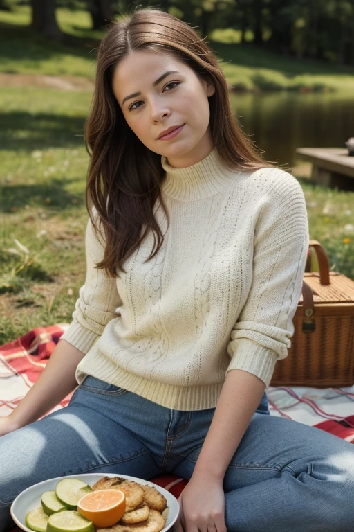 HoMaC0TTXV3C,
a beautiful smiling woman posing for masterpiece phot, sitting on a blanket with a picnic table full of food and drinks in front of her, near a river, wearing high neck sweater and jeans,
(professional photo shooting), (high buget photo), (extremely detailed skin), (flawless skin), (model pose), (highly detailed facial features),
(perfect color grading), (High-quality textures and materials), (perfect lighting and environments), (accurate light and shadow effects), (perfect overall visual quality),
(natural light), (high quality photography), (intricate details), (8k), (HDR), (sharp focus), (medium close-up)
