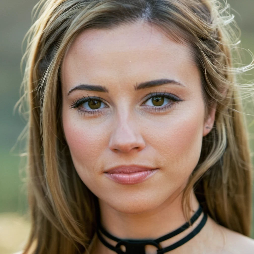 Skin texture, no makeup, Super high res closeup portrait photo of a stunning woman outdoors with straight hair, wearing a small string choker around her neck,f /2.8, Canon, 85mm,cinematic, high quality,looking at the viewer, <lora:licardellini_xl_1_standard_merger_33_62_07_03:1>
