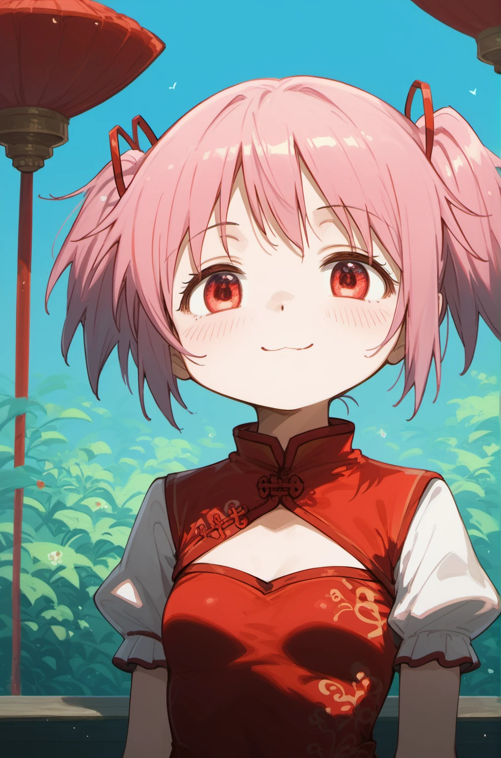 madoka \(Puella Magi Madoka Magica\),1girl,short twintails,<lora:madoka_pony_v2:0.7>,cowboy_shot,naughty_face,chinese_style,cheongsam,, score_9,score_8_up,score_7_up,score_6_up,score_5_up,score_4_up,