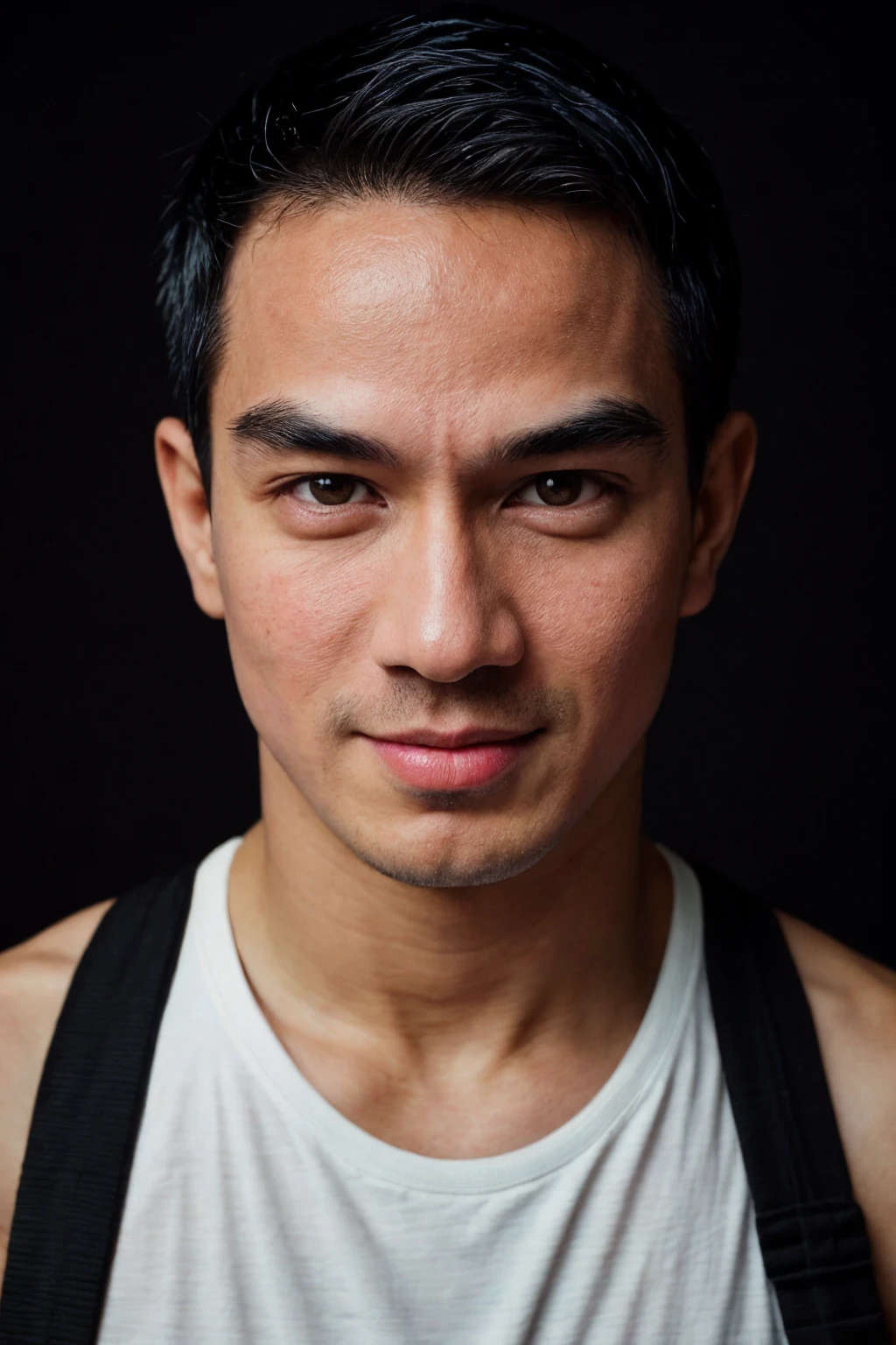 analog film photo <lora:[ID]_-_Joe_Taslim:1> joetaslim, man, solo, (looking at viewer), realistic lighting, asymmetrical hair, (detailed skin), (detailed face), (smile512:1.2), (black eyes), ((simple black background:1.5)), (white plain tshirt and pants with sneakers)
BREAK
high key lighting, low key, masterpiece, best quality, ultra-detailed, ultra high res, (photorealistic:1.4), raw photo, (realistic:0.2), 8k HDR, 1boy, bokeh, f1.4, 40mm, photorealistic, raw, 8k, textured skin, skin pores, intricate details, shot with Sony FS700R by Benjamin Lennox
BREAK
<lora:PAseer-SD15-LCM Quick:1> <lora:epiCRealismHelper:.4>  <lora:DStyle_-_Photography_Style:.4> dstyle  . faded film, desaturated, 35mm photo, grainy, vignette, vintage, Kodachrome, Lomography, stained, highly detailed, found footage