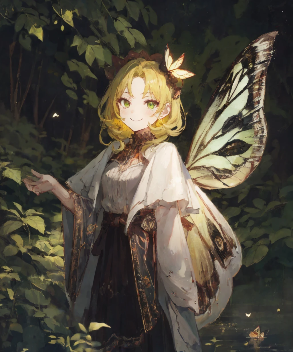 moth,1girl,yellow hair,green eyes,smile,bug,solo,<lora:moth_costume-10:1>,