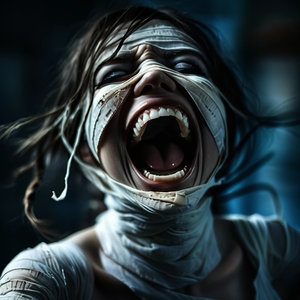 (best quality,4k,8k,highres,masterpiece:1.2) A with blood on her face and nose is screaming for help (realistic,photorealistic,photo-realistic:1.37)