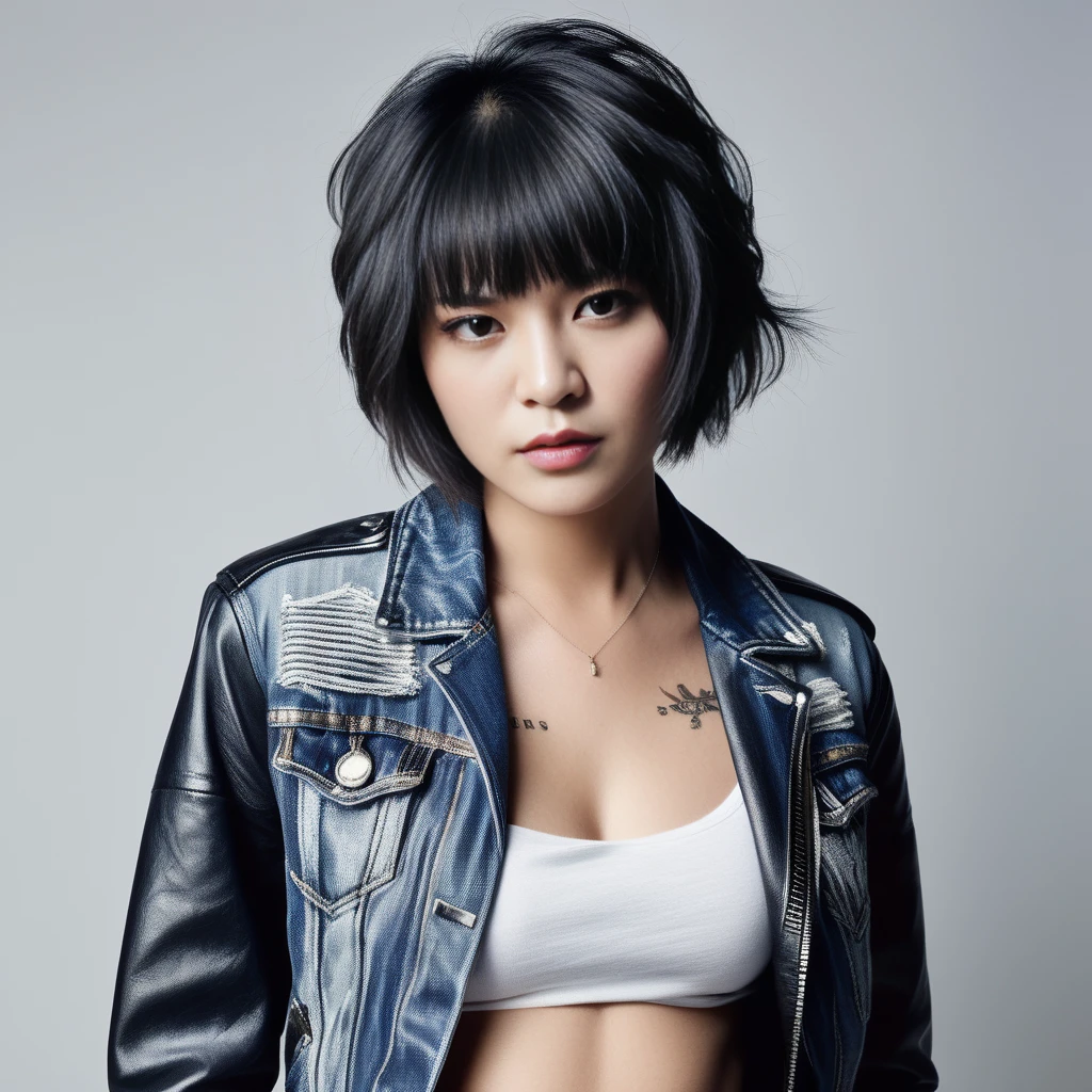 Asian,low-cut, large breasts,Generate a realistic-style portrait of a classic American rock singer, dressed in iconic denim hotpants and a leather jacket, with short hair styled in a rebellious manner. The singer's expression captures the essence of rock and rollâintense, confident, and slightly defiant. Attention to detail is crucial, especially in capturing the textures of the denim and leather, and the individual strands of their tousled short hair. The background should be minimalistic, focusing the viewer's attention on the singer's commanding presence,<lora:chunchun:0.75>,chuchu,