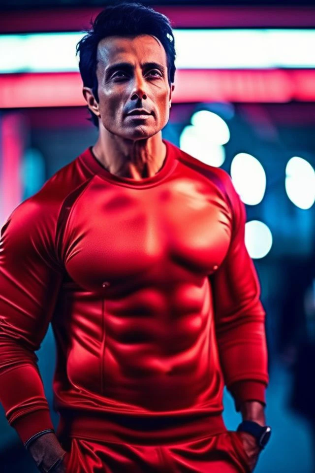 rufus sewell a man <lora:Sonu-Sood_Rufus-Sewell-000002:1>, realistic photo in a worn ((red tracksuit)), ((light bokeh)), intricate, (steel metal [rust]), elegant, sharp focus, photo by greg rutkowski, soft lighting, vibrant colors, (masterpiece), ((streets)), (detailed face), looking at viewer, light smile, night, walking towards viewer, cinematic lighting, beautiful lighting, cinematic lighting, (hazy filter, film grain:1.2)