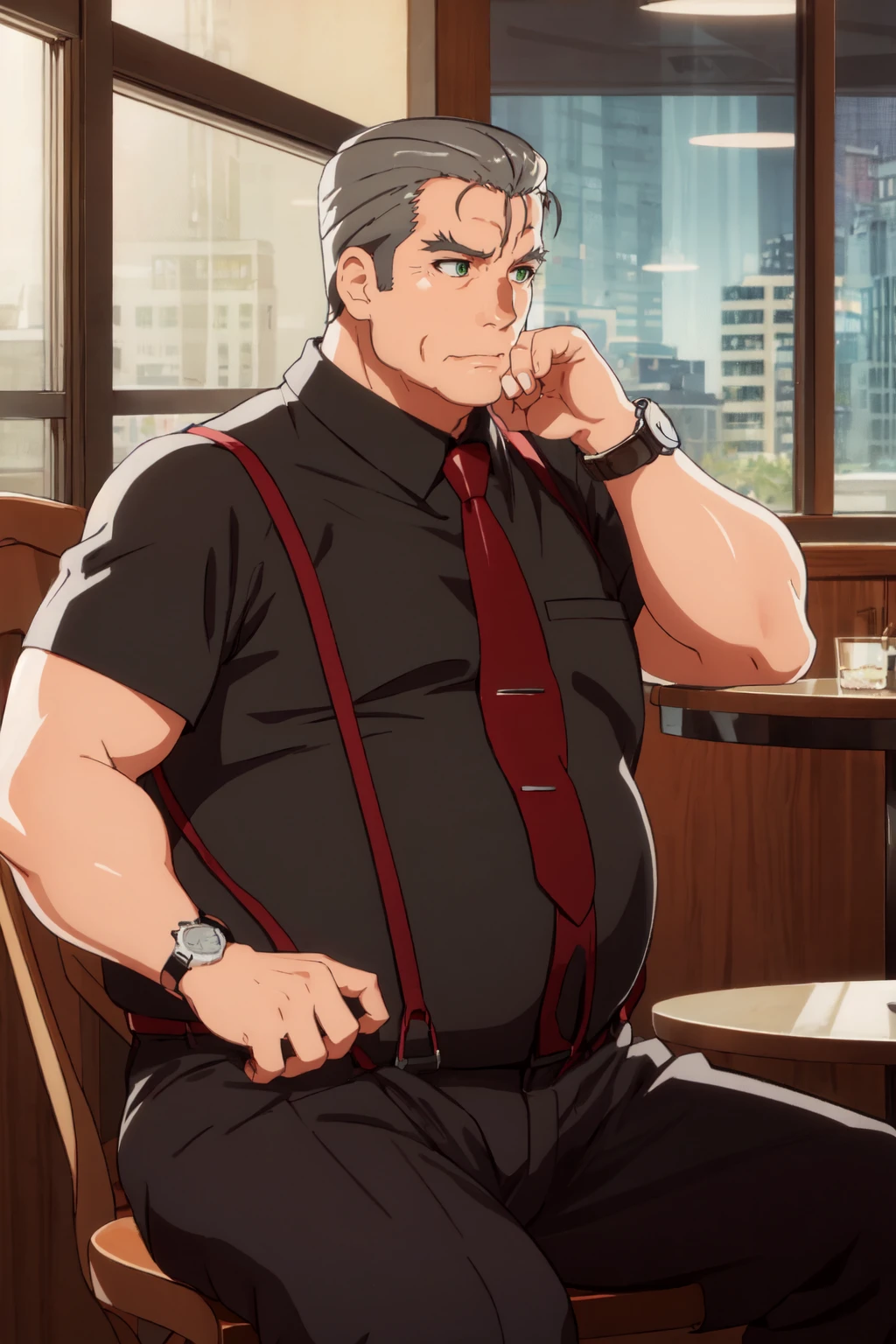 <lora:ooishi_anime_batchsize1_II:1> 1boy, old man, solo, best quality, fat, sleepy, hand on mouth, sitting on chair, translucent glass table, red necktie, suspenders, open clothes, pectoral cleavage, wristwatch, black shirt, cafe, scenery, window, wide shot, melancholic, dim lighting, sunset, large pectorals, white pants, muscular male, bara, grey hair, hair slicked back, green eyes, highly detailed, masterpiece <lora:weight_slider_v2:1>
