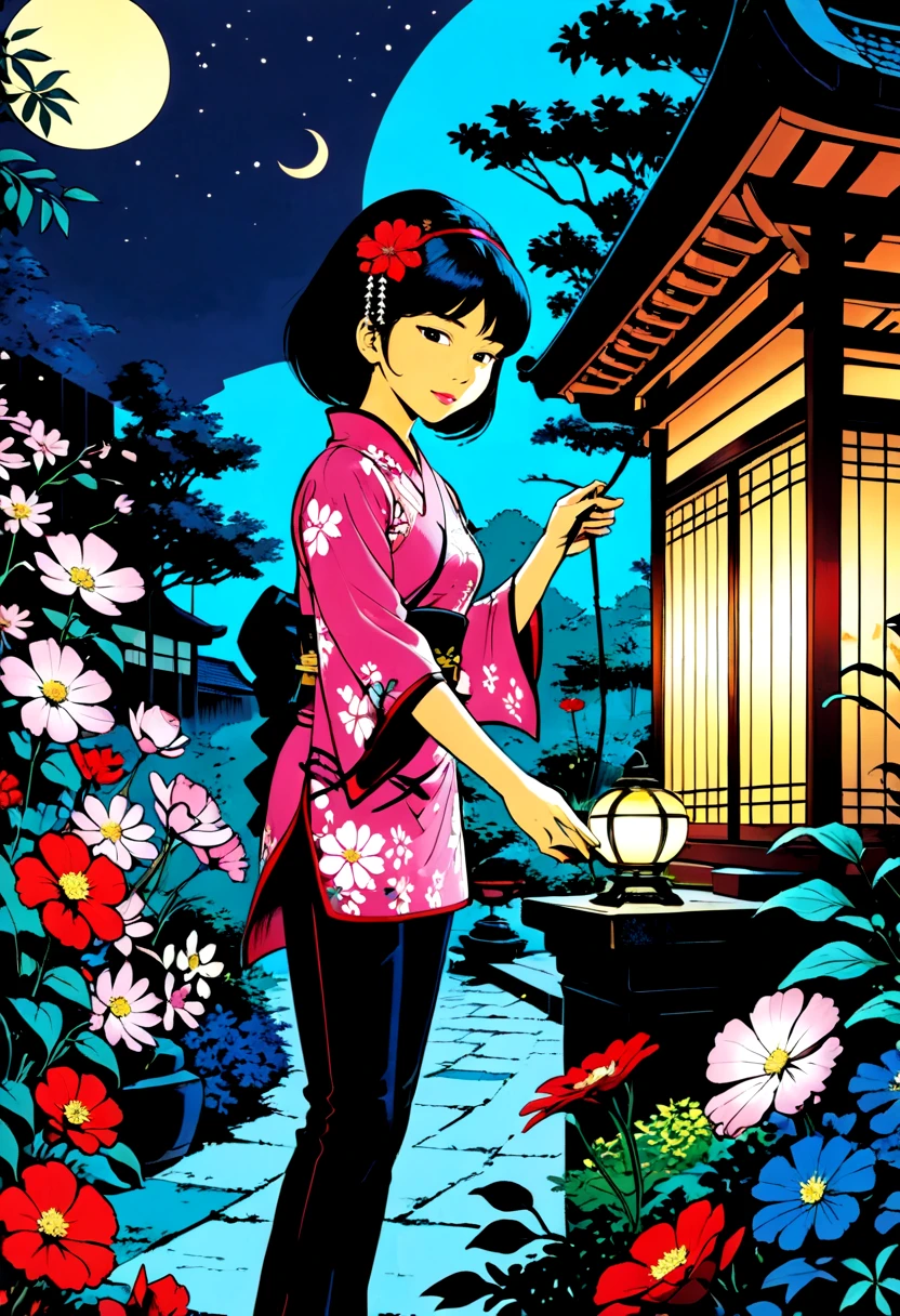 (best quality, masterpiece, absurdres, highres, ultra_detailed, dynamic angle:1.2), Yoko Tsuno <lora:yoko_tsuno-xl-v2-000014:0.7>, holding a shoji lamp in the ht outside a japanese pavillon, black and pink cheongsam, black pants, short black hair, red hairband, garden, plants, flowers, crescent moon, 1990s \(style\), traditional media, retro artstyle, graphic novels illustration, cross hatching, (intricate details, hyperdetailed:1.15), (ultrahigh resolution textures), (volumetric, cinematic) lighting