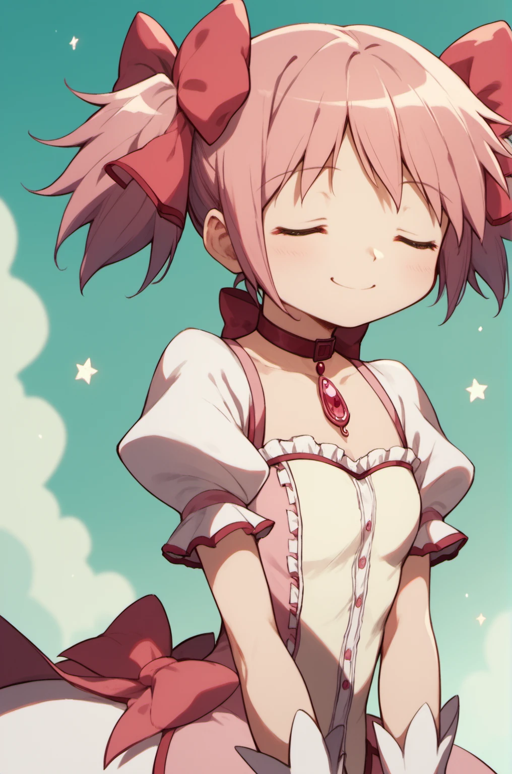 madoka \(Puella Magi Madoka Magica\),1girl,magical girl,<lora:madoka_pony_v2:0.7>,kind_smile,eyes_closed,short twintails,, score_9,score_8_up,score_7_up,score_6_up,score_5_up,score_4_up,