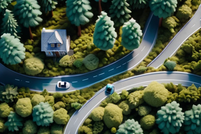 <lora:Fluffy_Macro:1.1>a tiny little macro world with fluffy trees and houses and cars, a winding road through a forest, aerial view, detailed, realistic, fluffy, photographic