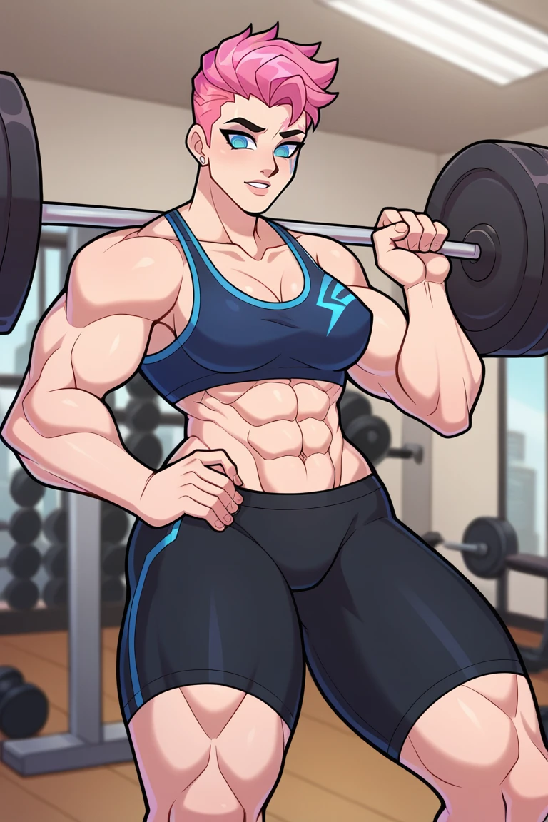 score_9, score_8_up, score_7_up, BREAK,  <lora:tobinge-guy-PONYv1:1>, 1girl, solo, breasts, zarya \(overwatch\), gym, weightlifting, muscular,