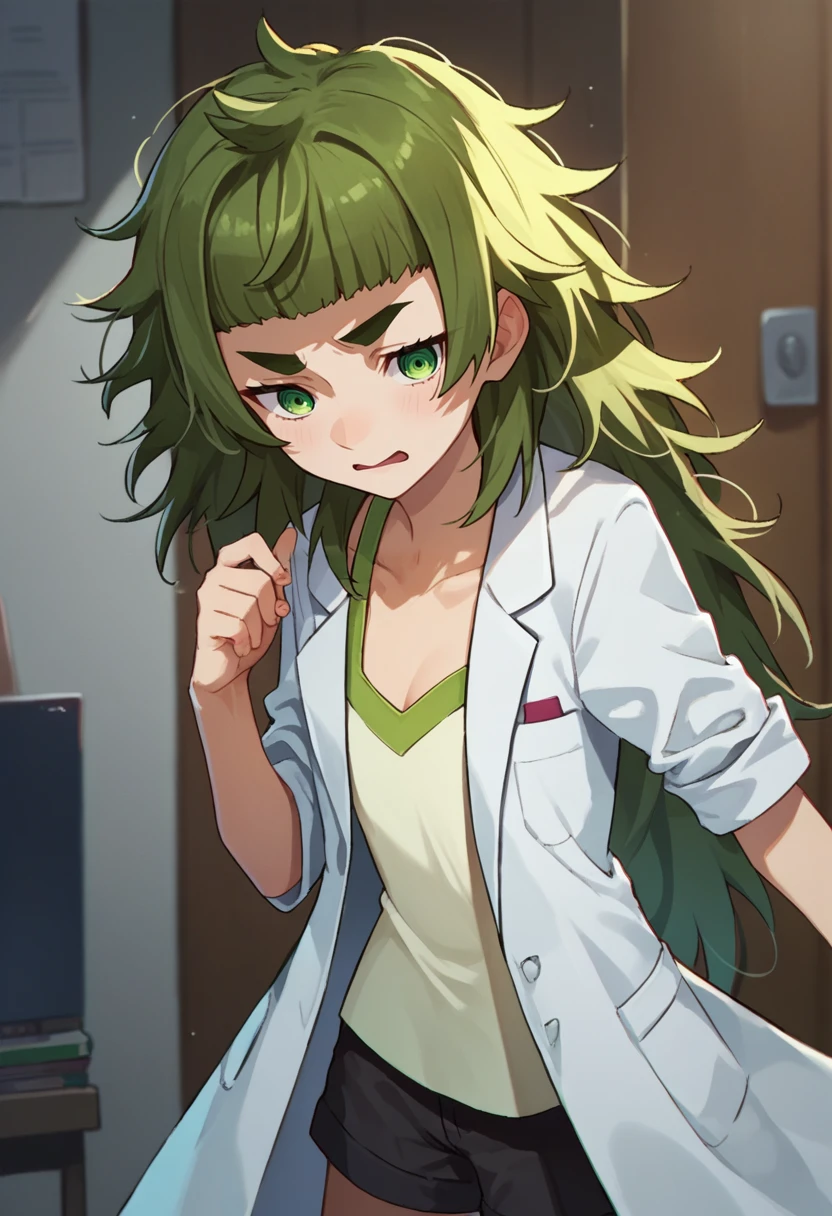 score_9, score_8_up, score_7_up, source_anime, 1girl, hiyajou maho, messy hair, green eyes, singlet, black shorts, indoors, labcoat, <lora:Maho-000008:1>