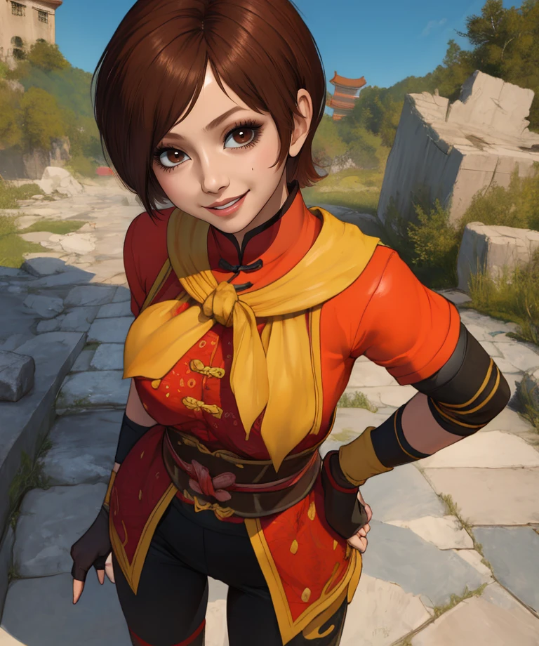 Eileen,brown hair,short hair,brown eyes,
yellow neckerchief,red chinese top,elbow pads,short sleeves,black pants, fingerless gloves,  
stone ruins,smile,
standing,upper body,looking at viewer,
(insanely detailed, masterpiece, best quality),<lora:Eileen:0.8>,