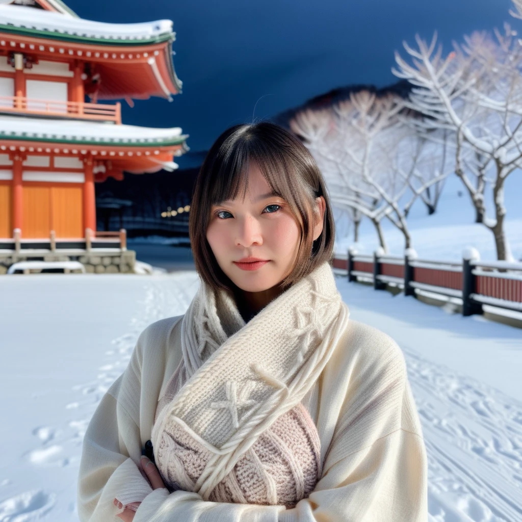 makeup,tattoo,bags under eyes,Half-length close-up,low-cut,short hair, large breasts,Capture a girl in Hokkaido during winter, realistic style. Focus on her bundled in warm,<lora:chunchun:0.8>, stylish winter attire, standing amidst a serene, snow-covered landscape. Her expression is one of peaceful contentment, with delicate features and a soft smile. The background features snow-laden trees and traditional Japanese architecture, with gentle snowflakes falling around her. Emphasize the crisp, cold atmosphere of Hokkaido's winter, contrasting the girl's warmth and the surrounding chill, <lora:badquality_v02:0.6> badquality, low quality,
