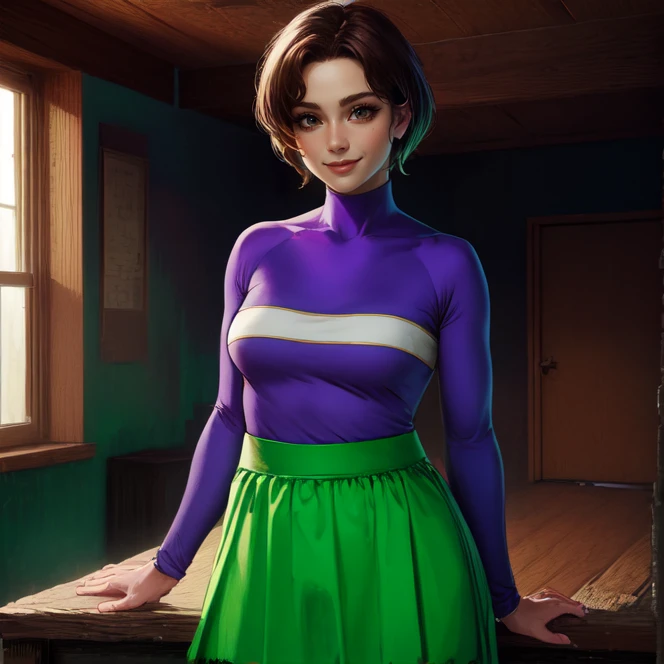 cowboy shot, solo, <lora:harukaHikari(MMBN):0.9> haruka_hikari, mature female, brown hair, brown eyes, short hair, green skirt, long skirt, purple shirt, long sleeves, smile, indoors, masterpiece, best quality, absurdres, highres, 4k, ray tracing, perfect face, perfect eyes, intricate details, highly detailed