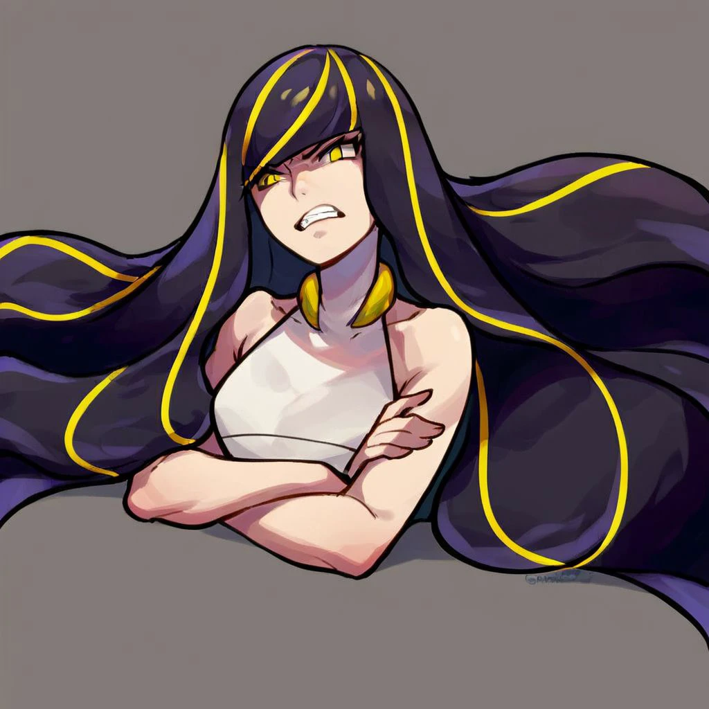 score_9,score_8_up,score_7_up,score_6_up,score_5_up,score_4_up,, 1girl, solo, Lusamine, long hair, black hair, streaked hair, yellow eyes, angry,crossed arms, teeth