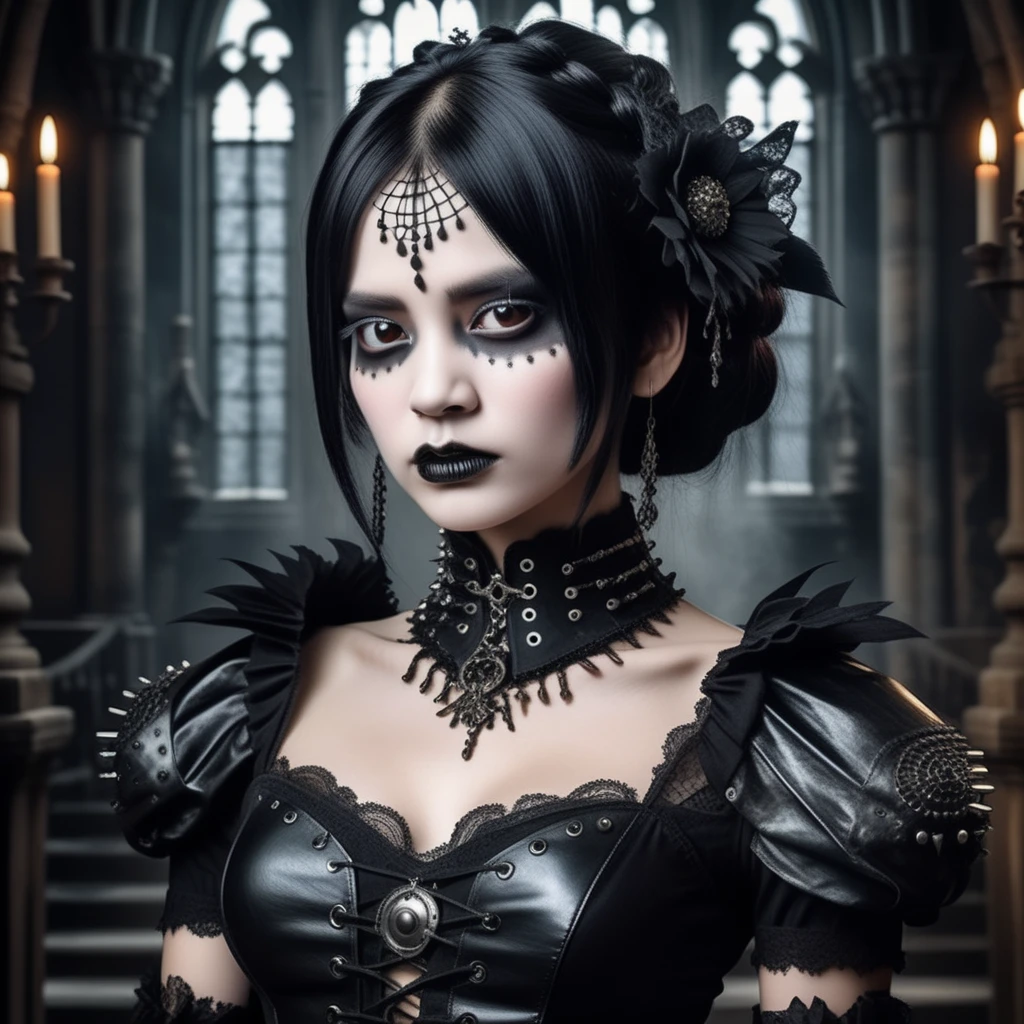 cinematic film still wide shot,standing in eerie haunted fog storm,with black and white makeup,trending on deviantart,gothic art,grotesque,PICTURE ON LEVELS,tan skin,marbled skin,ruffled upward hair,photorealistic,gothic,goths,dark and mysterious,dark background,dull:1)!,flowing,sharp focus,beautiful,epic composition,refined,sovereign,creative,winning,perfect,pretty,attractive,singular,romantic gothic,cinematic,complex,thought,extremely,focused,graceful,light,extremely coherent Photorealistic,realistic,Canon 5D Mark IV 85mm f/1.8,realistic eyes,detailed eyes,<lora:Creat0rDet4ilz:0.6>, . shallow depth of field, vignette, highly detailed, high budget, bokeh, cinemascope, moody, epic, gorgeous, film grain, grainy