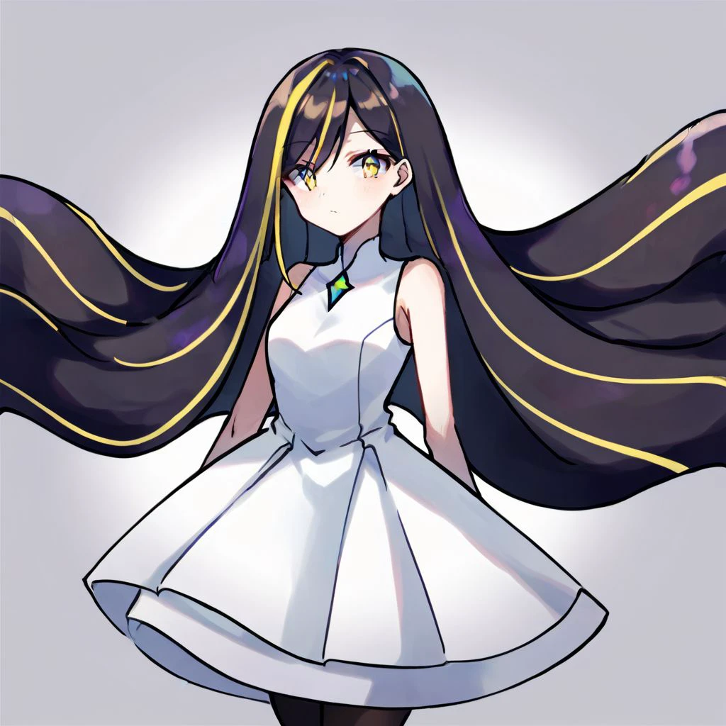 1girl, solo, Lusamine, long hair, black hair, streaked hair, yellow eyes, dress, sleeveless