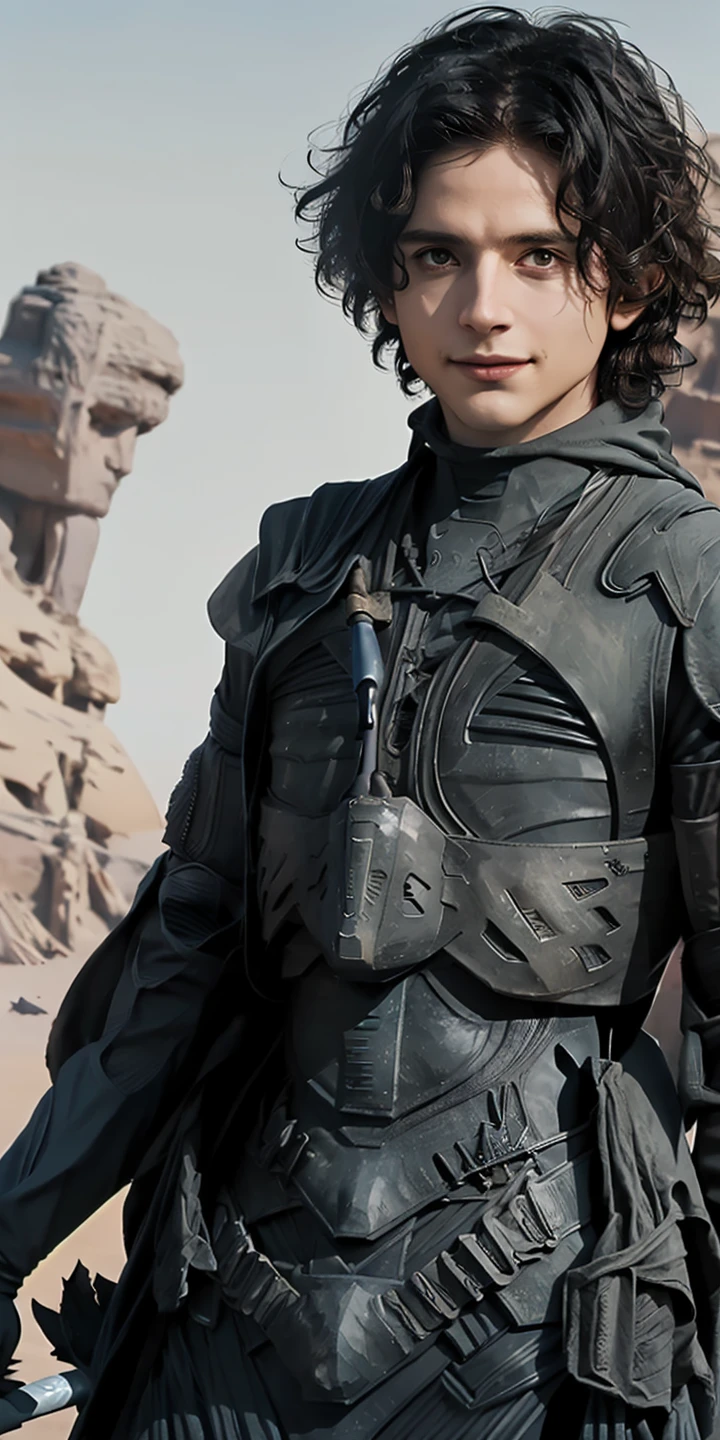 (((masterpiece))),(((best quality))),((ultra-detailed)),(((lots of details))),(beautiful detailed girl),((Epic Light and Shadow)),cinematic angle,oil painting,(illustration),(detailed light),((an extremely delicate and beautiful)),
fantasyArt,DigitalArt,
Paul Atreides,Dune,solo,1boy,male focus,black hair,knife,holding,weapon,holding knife,gloves,looking at viewer,short hair,armor,holding weapon,smile,animification,blurry background,
Dune,Dune movie,Paul Etrudy,big scene,desert,Panorama,
<lora:Paul Atreides:0.7>,(dynamic angle:1.5),
