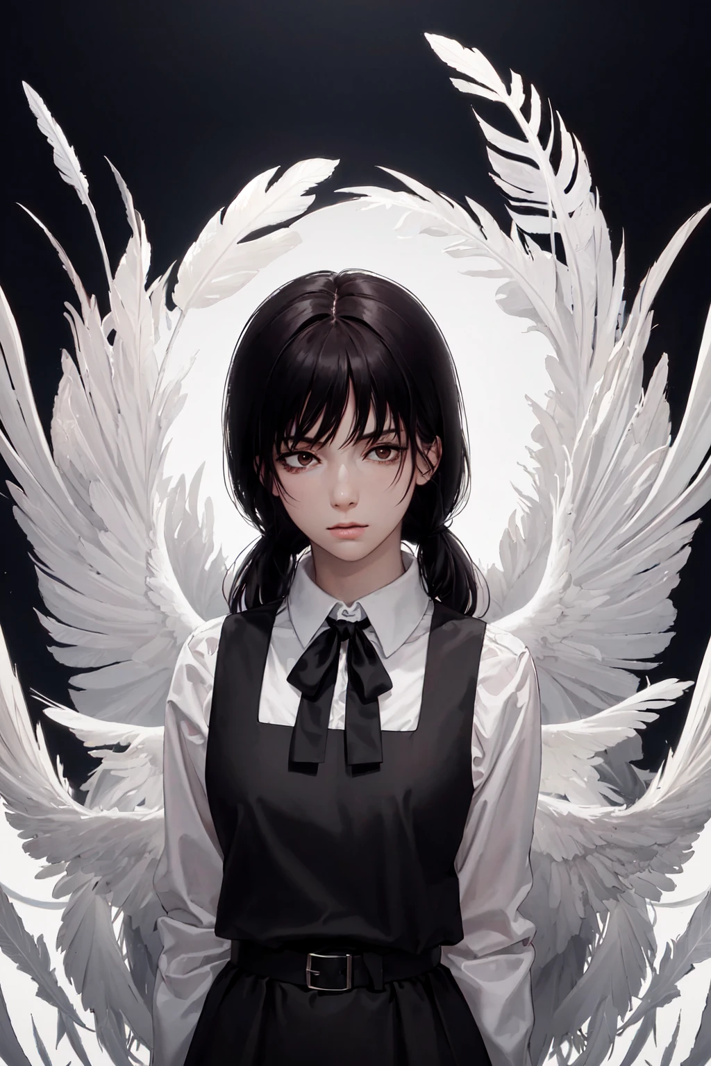(masterpiece, top quality, best quality, official art, beautiful and aesthetic:1.2), (1girl:1.3), extremely detailed, (fractal art:1.1), (abstract background:1.3), (white_feathers:1.5, white_featherhers chaos), visually stunning, dark beautiful, dark emotional, 1girl, aged_up, solo, looking at viewer, arms behind back, asa_mitaka, black hair, black ribbon, pinafore dress, manga, anime, black pinafore dress, brown eyes, <lora:Asa_Mitaka:0.8>, portrait, upper-body