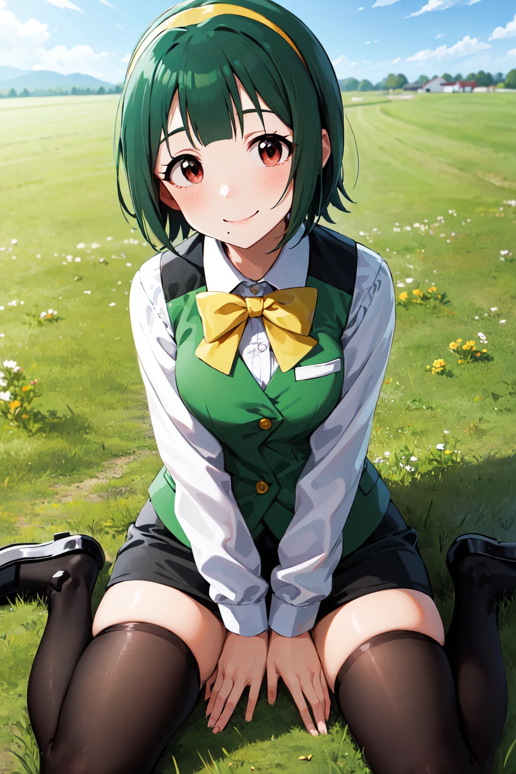masterpiece, best quality, highres, aakotori, short hair, yellow hairband, mole under mouth, yellow bowtie, collared shirt, white shirt, green vest, long sleeves, black skirt, black thighhighs, <lora:otonashi_kotori_v1:0.7>, wariza, field, smile, grass, outdoors