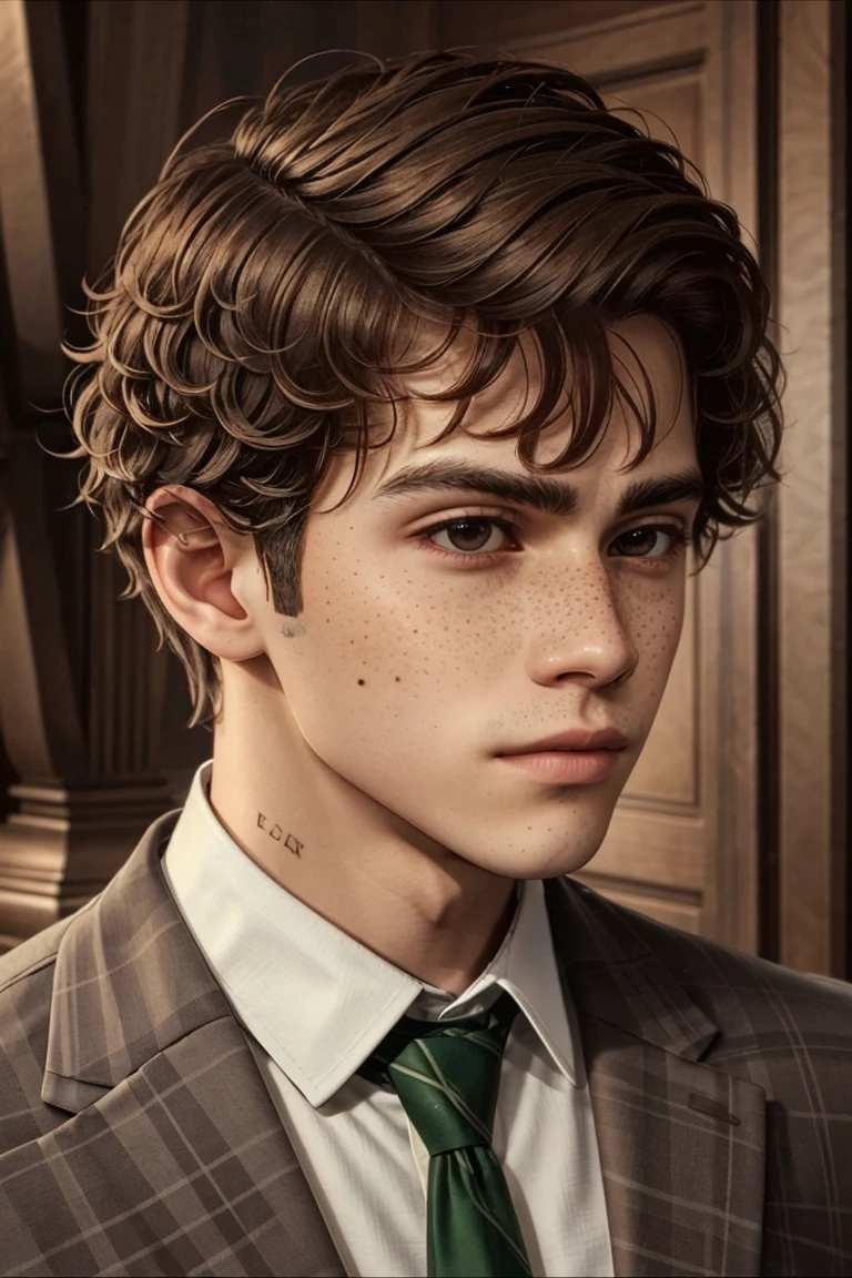 <lora:Sebastian_Sallow_-_Hogwarts_Legacy_Charater-Final:0.8> 1boy, brown hair, freckles, gazing, male focus, messy hair, mole, necktie, sebsallow, solo