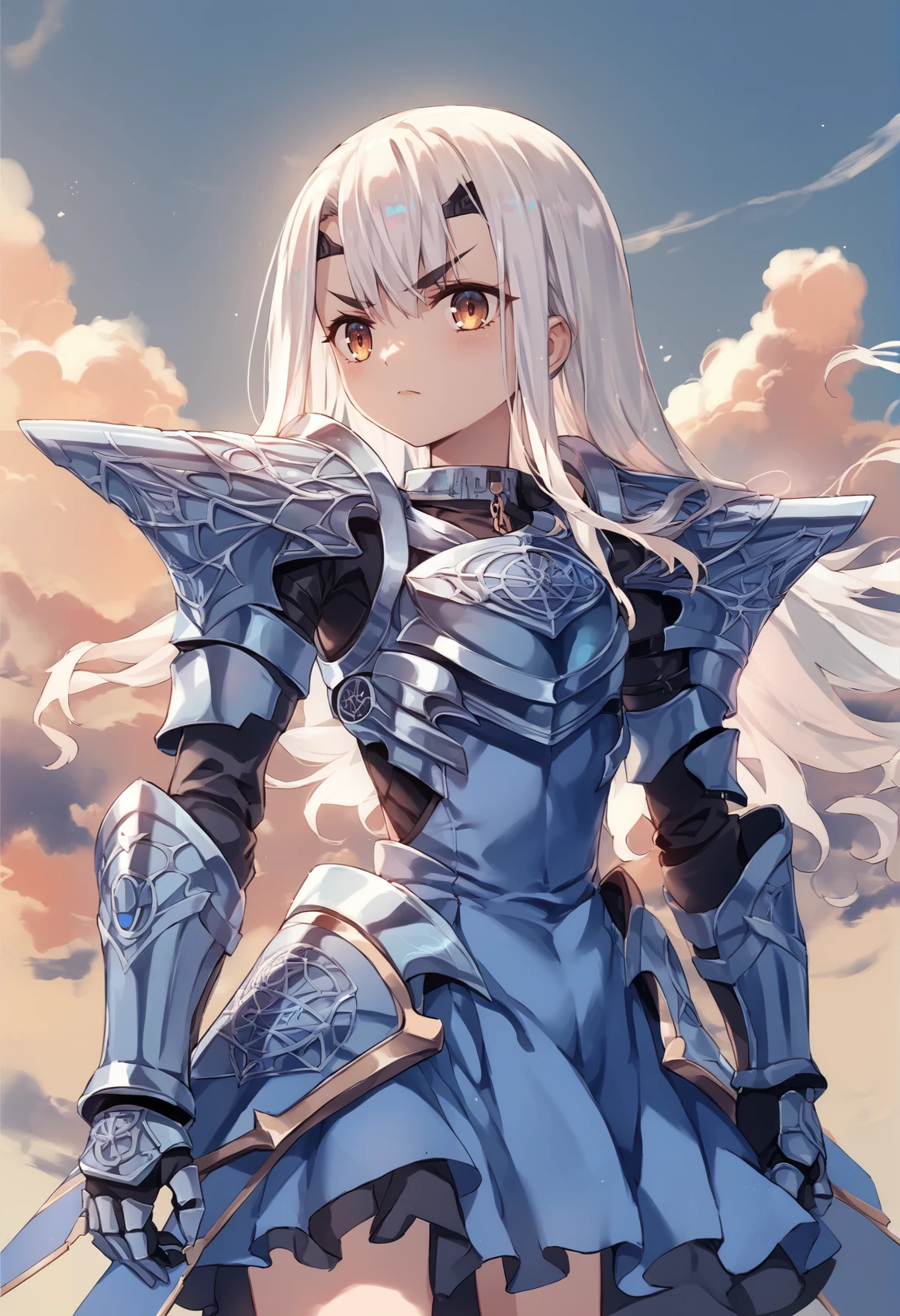 1girl, armor, armored dress, blue armor, blue dress, breastplate, breasts, collar, dress, faulds, forked eyebrows, gauntlets, long hair, mask, pauldrons, short dress, shoulder armor, sidelocks, sky, small breasts, solo, thighs, white hair <lora:Melusine XL:0.8> <lora:Hiroshi-Style-PonyXL-000020:0.8>, score_9, score_8_up, score_7_up, score_6_up, score_5_up, score_4_up, BREAK source_anime, masterpiece