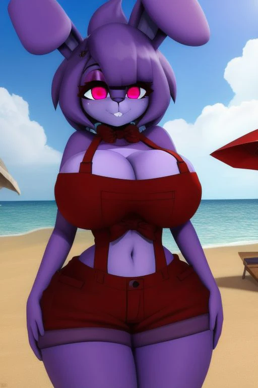 solo, uploaded the e621, detailed portrait of a female anthro Rabbit, zenematic lighting, standing, smug smile, (half-closed eyes), purple Hair, purple Tail, (Fishnet stockings, spiked collar, spiked wristband), (cyan eyes), looking at the viewer, (big breasts, hips), (rabbit), (beach, sunny day), (purple body, two-tone fur), extremely detailed, extremely detailed legs, extremely detailed arms, extremely detailed face, perfectly detailed eyes, perfectly detailed anatomy), perfect lighting, seductive, nude, nipples, detailed pussy, mature, milf, pussy juice,