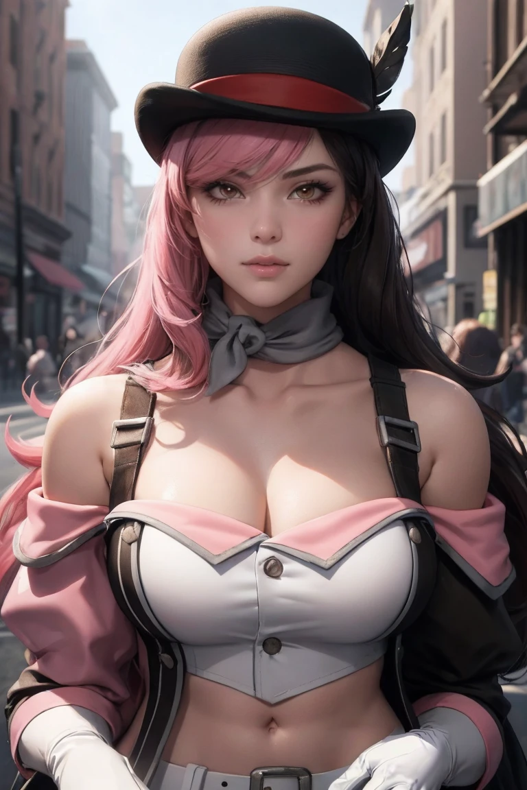 masterpiece, best quality, high quality, highres, outdoors, day, upper body, looking at viewer, solo, focused, BREAK, 
CARTOON_RWBY_neo_politan_ownwaifu,
1girl, brown hair, brown eyes, breasts, large breasts, heterochromia, pink eyes, hair between eyes, bangs, collarbone, shiny skin, hair over one eye, long hair, multicolored hair, pink hair, hat, split-color hair, two-tone hair, bowler hat, 
navel, cleavage, belt, white gloves, black headwear, detached sleeves, midriff, white pants, bare shoulders, belt buckle, black sleeves, off shoulder, white belt,  tight pants,
<lora:CARTOON_RWBY_neo_politan_ownwaifu:0.8>