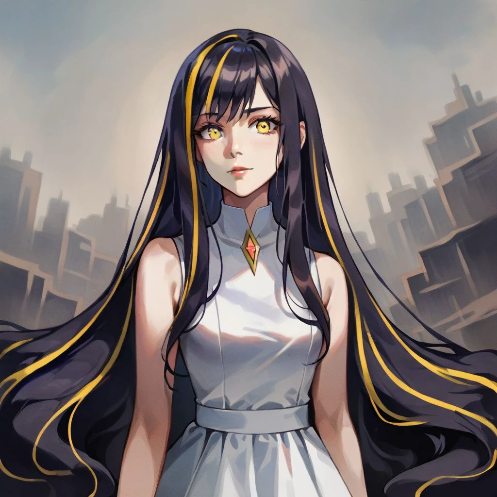 1girl, solo, Lusamine, long hair, black hair, streaked hair, yellow eyes, dress, sleeveless, realistic