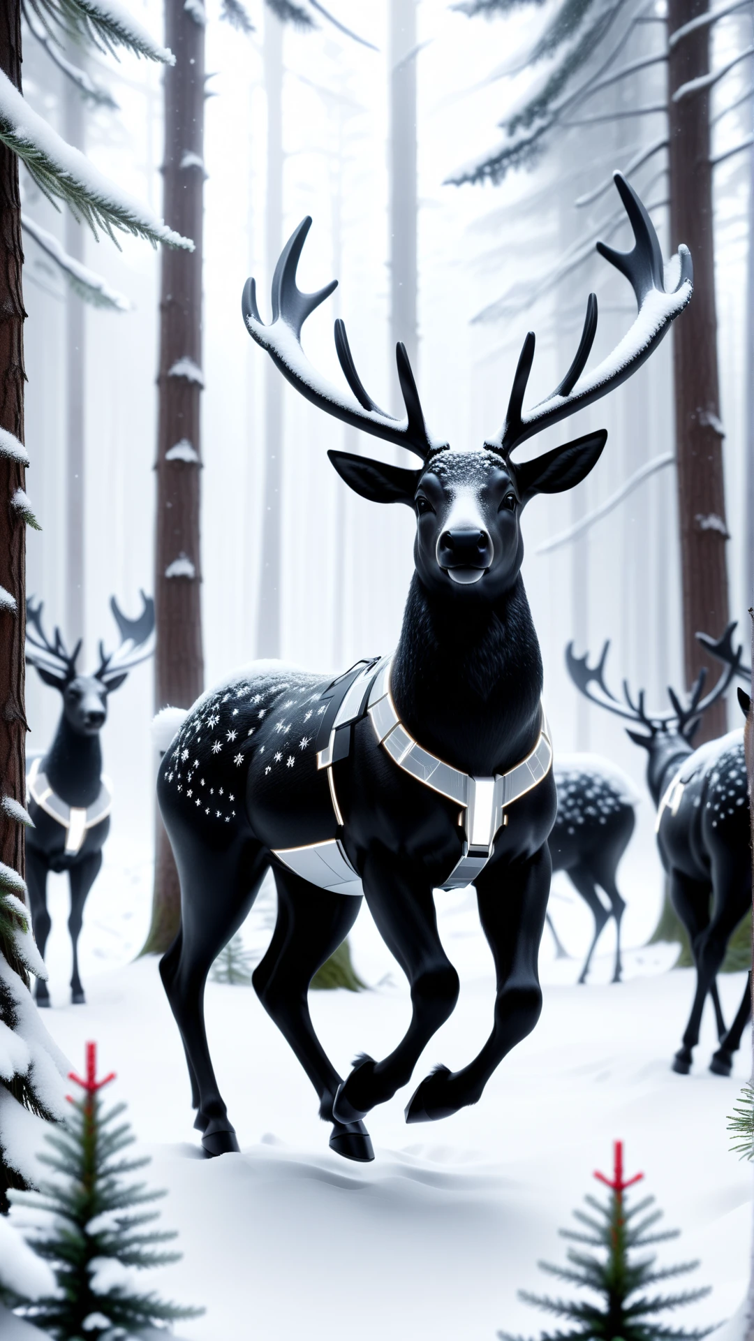 <lora:BatmanCoreXL:1>BatmanCore reindeers prancing amidst a fresh snowfall in a fir forest, sleek, (carbon fiber:0.7), (tech:0.8), (sci-fi:0.7), 24mm, (analog, cinematic, film grain:1.3), Bokeh DOF, (Masterpiece:1.3) (best quality:1.2) (high quality:1.1)