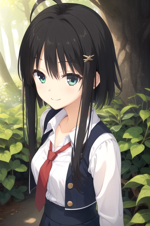 ((masterpiece)),(best quality),official art,extremely detailed CG,unity 8k wallpaper,ultra detailed,beautiful detailed eyes,extremely detailed face,forest,nature,1girl,solo,upper body,(portrait:1.5),looking at viewer,facing viewer,(petite:1.2),smile,Hitachi Mako,ahoge,long hair,black hair,short hair with long locks,hair intakes,hair ornament,bangs,green eyes,collarbone,blue vest,button,white shirt,collared shirt,red necktie,long sleeves,medium breasts,arms behind back,blue skirt,thigh strap,white thighhighs,loafers,<lora:Hitachi Mako(sb):0.8>,