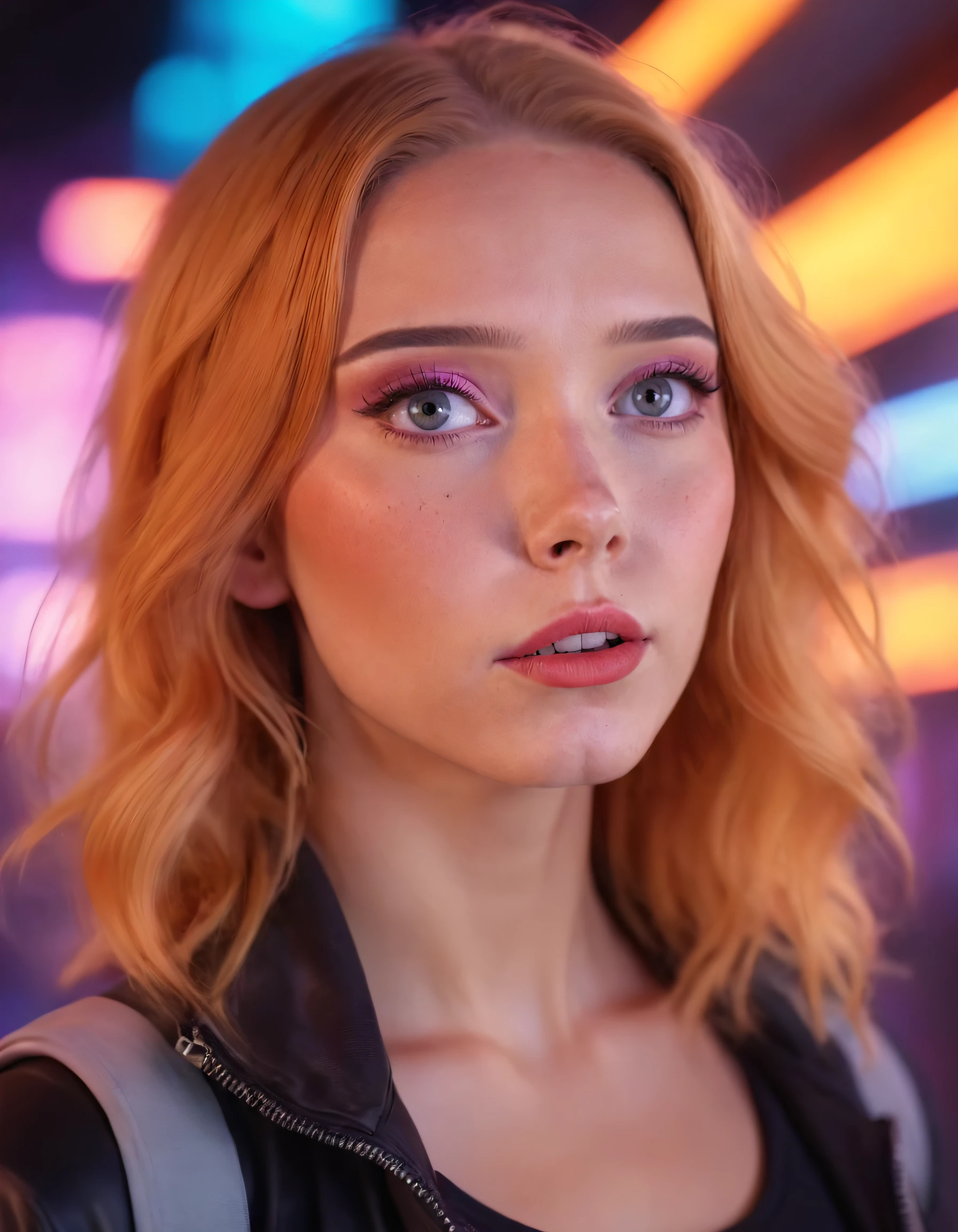 Best quality, cinematic photo centered waist up portrait, a young woman with fiery blond hair. Her face fills the frame, bathed in neon hues, exuding determination and mystery amidst a futuristic backdrop, 35mm photograph, film, bokeh, professional, 4k, highly detailed. In this vivid scene, Lydiaviolet, with her fiery blond hair and determined expression, stands amidst a futuristic backdrop lit by neon hues, capturing the essence of mystery as she poses for a cinematic photo, while the professional photographer frames her in a 35mm photograph, perfectly balancing the depth of field with bokeh effects to showcase Lydiaviolet's beauty, creating a timeless and highly detailed portrait using both film and cutting-edge digital technology that will be treasured for generations to come. lydiaviolet <lora:kllzzx18e05d4802fg40a:1>